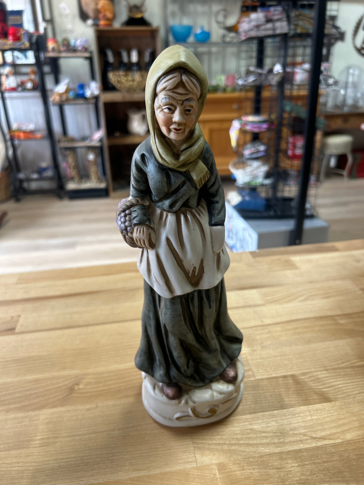 Vintage Porcelaine Figurine by Flambro Old Lady carrying Fruit Basket full of Grapes