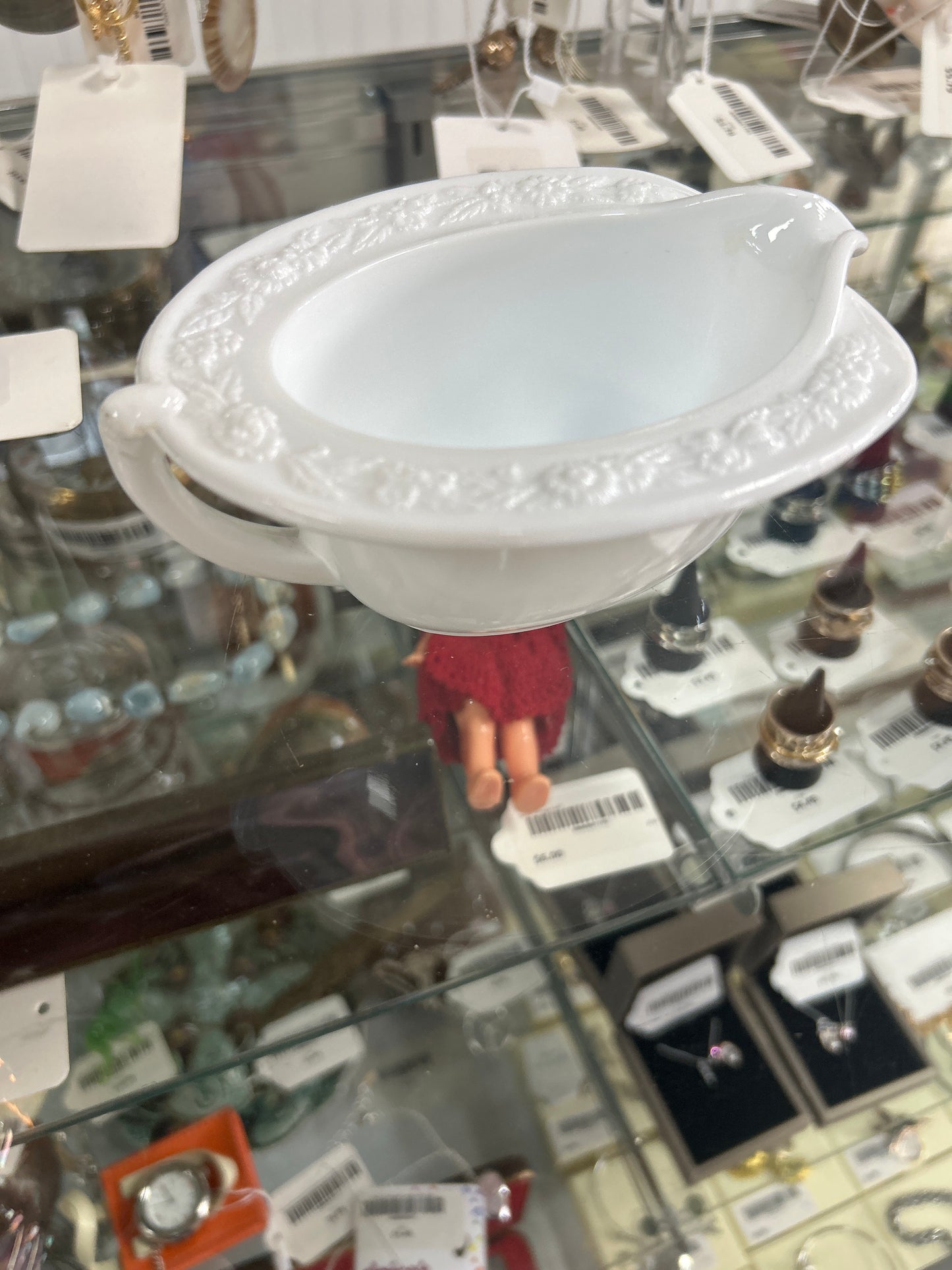 Vintage White Anchor Hocking Milk Glass Creamer Bowl Flower Motif