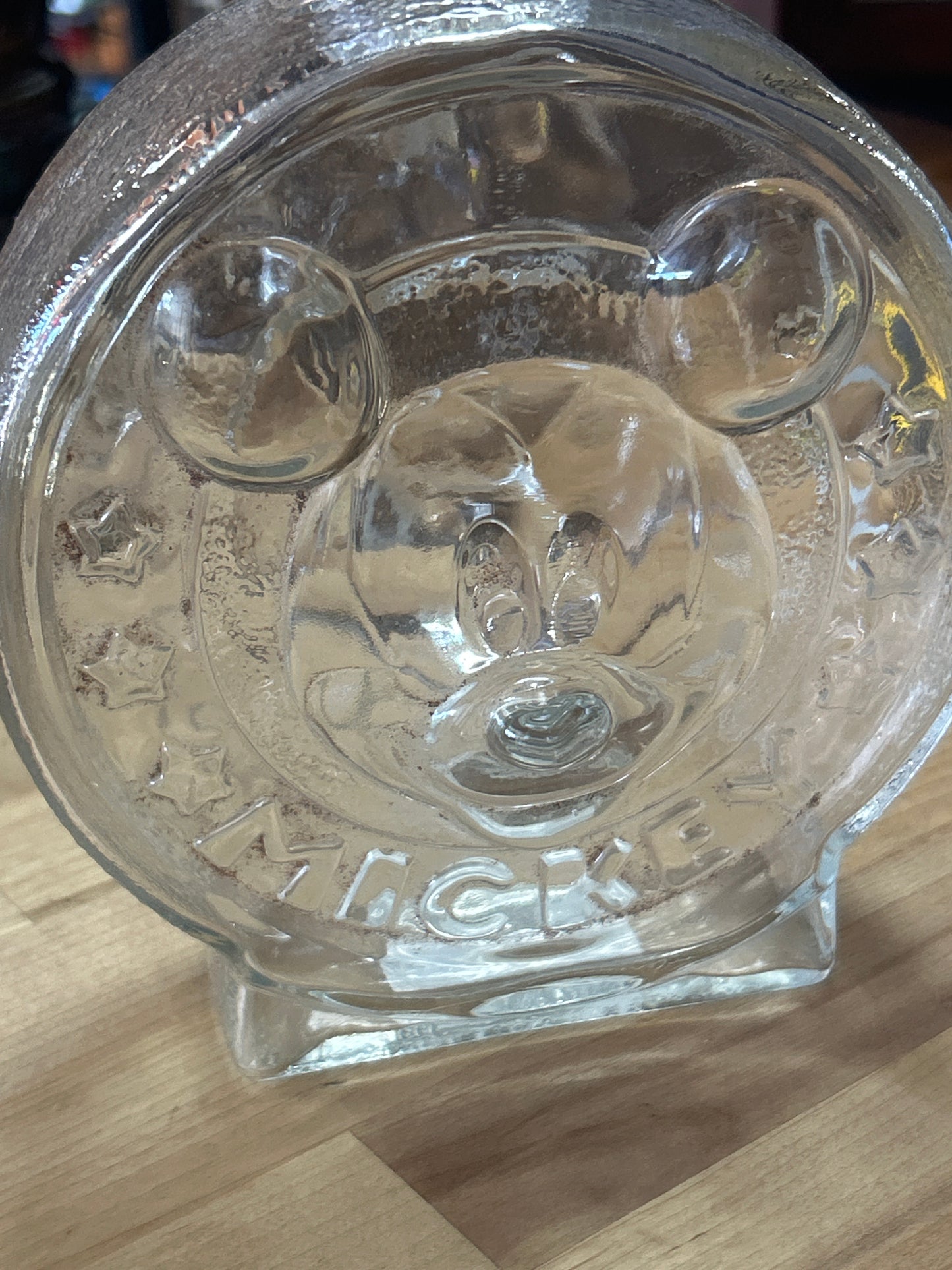 Anchor Hocking Mickey & Minnie Mouse Glass Piggy Bank Coin Bank Vintage 7” Tall