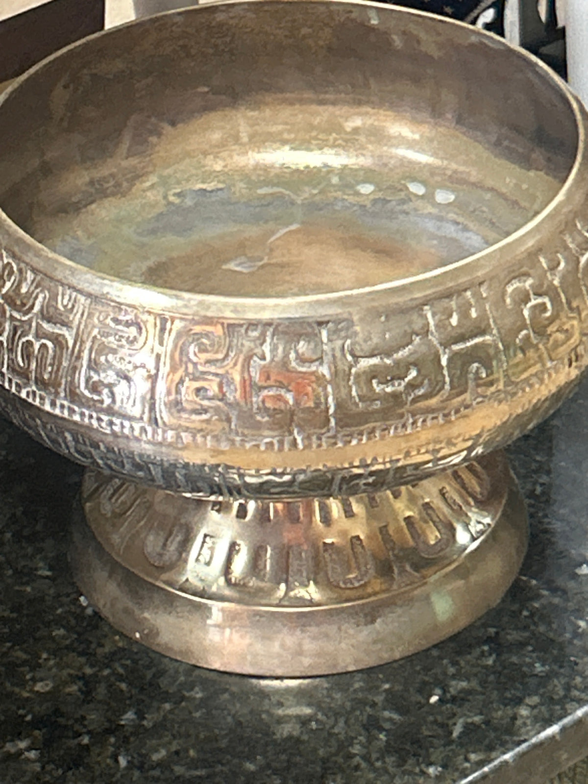 Vintage Brass Pedestal Bowl MCM Etched Design Brutalist Style Large Bowl Art
