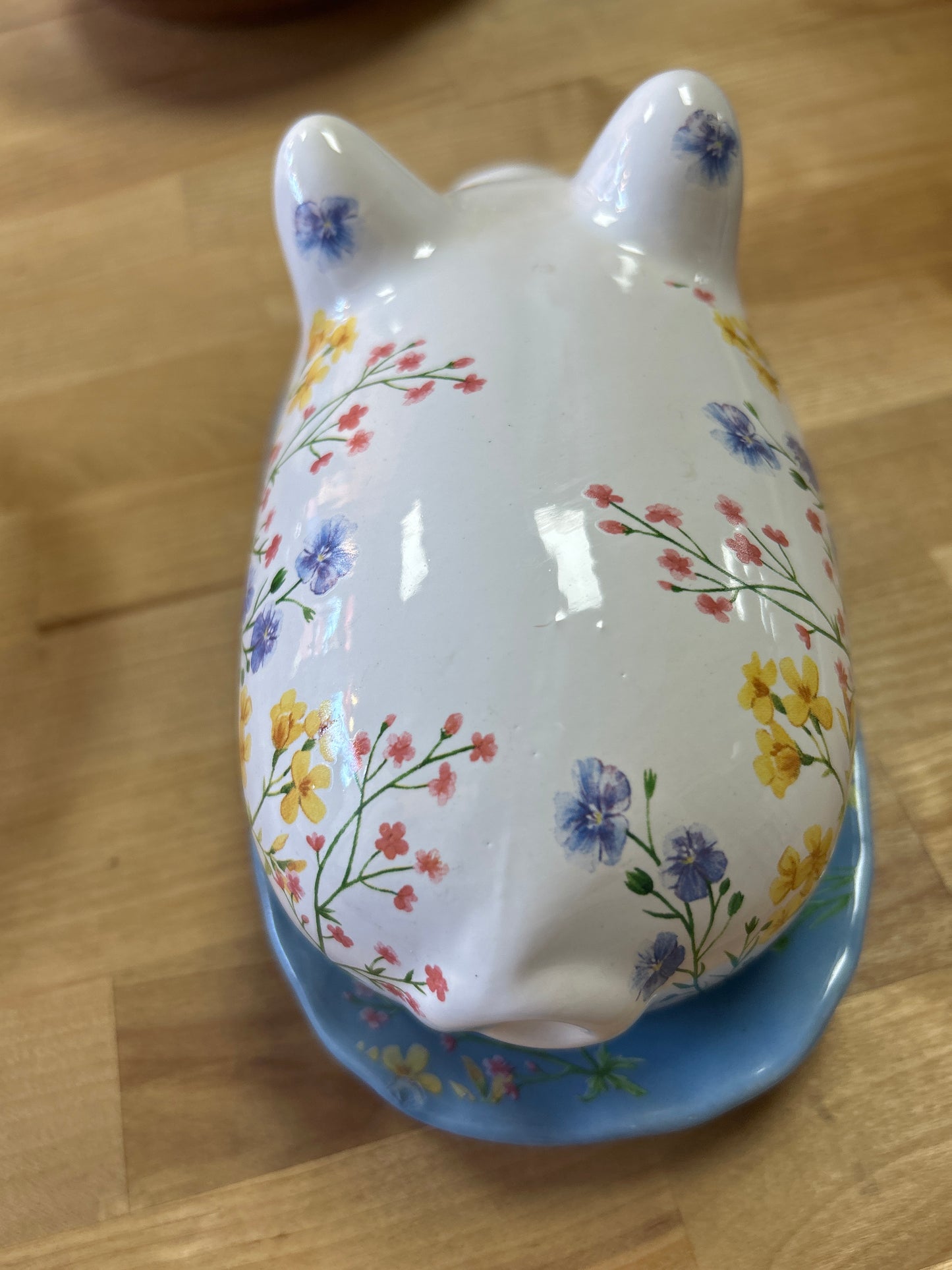 Modern Cottage Floral Pig Butter Dish Blue Base Farmhouse (small chip on nose)