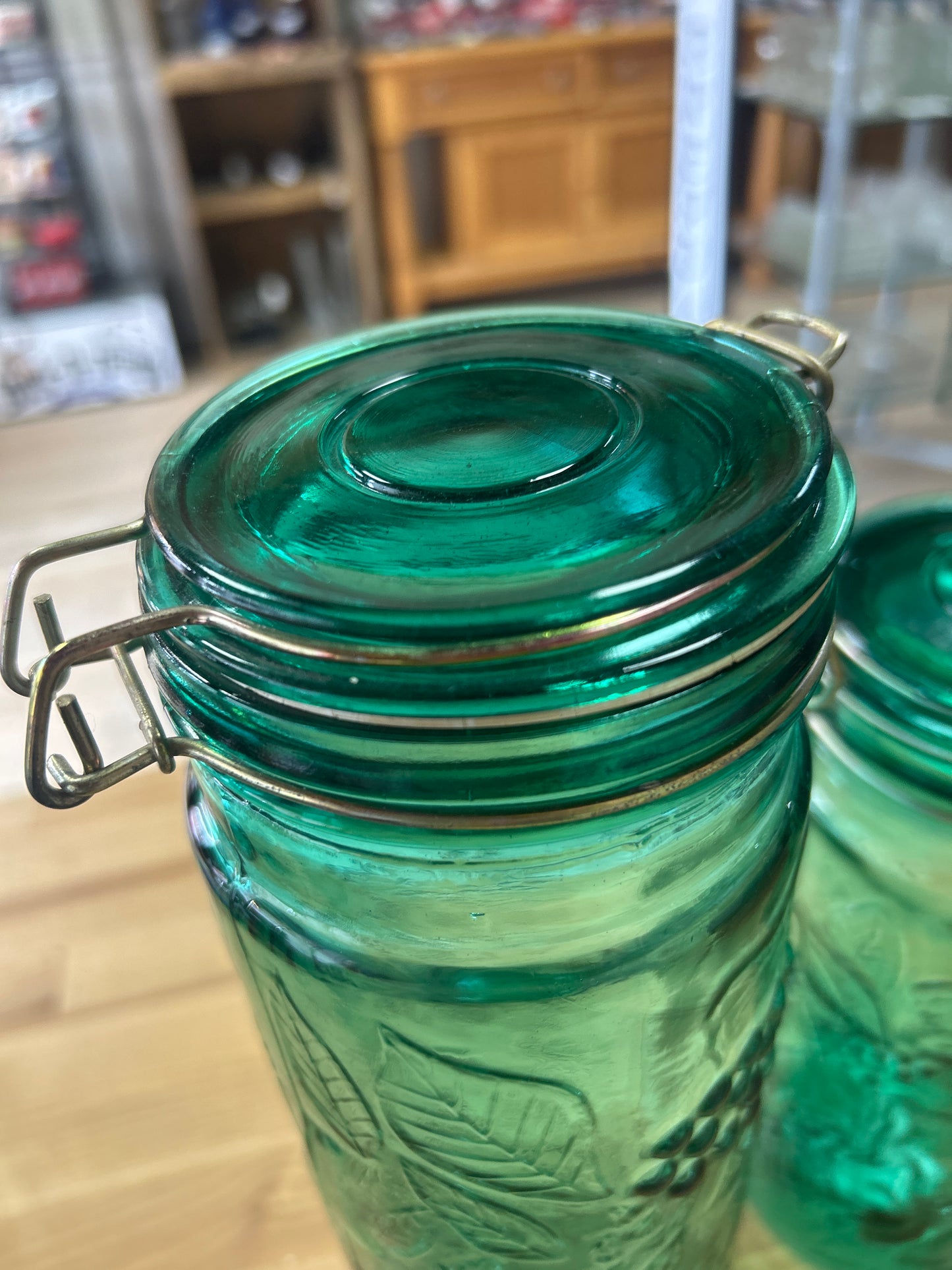 Vintage Emerald Canister (small one has a crack seen in pictures)