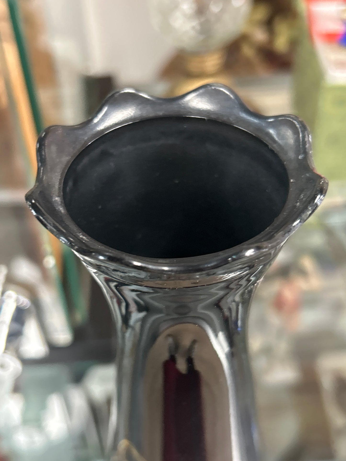 Vintage Bartlett Collins Atomic Age Glass 9" Vase Black Gold Asian Pagoda
