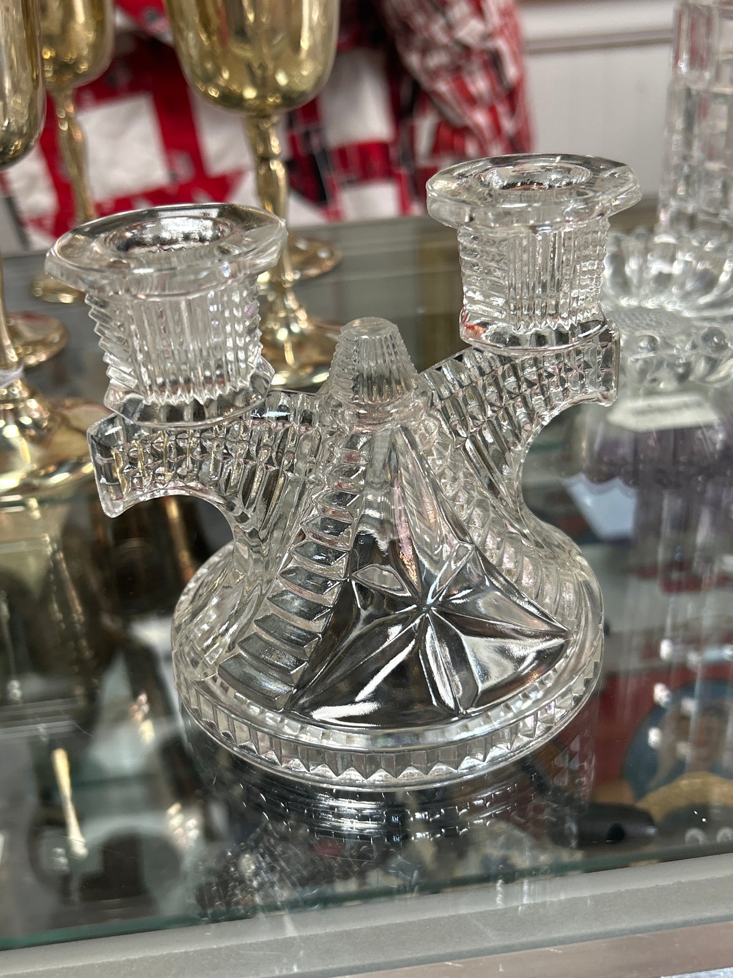 Vintage - 5" Clear Federal Glass Wigwam, Double Candle Holder Candelabra