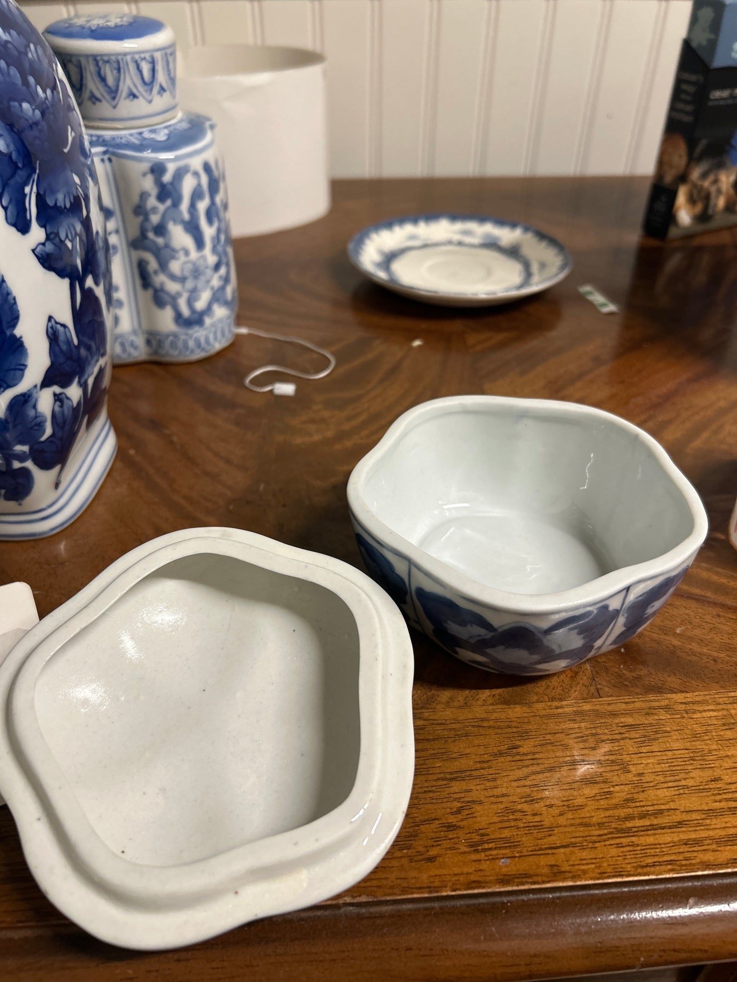 Vintage Chinese Lotus Blue and White Trinket Dish Bowl With Lid Hand Painted