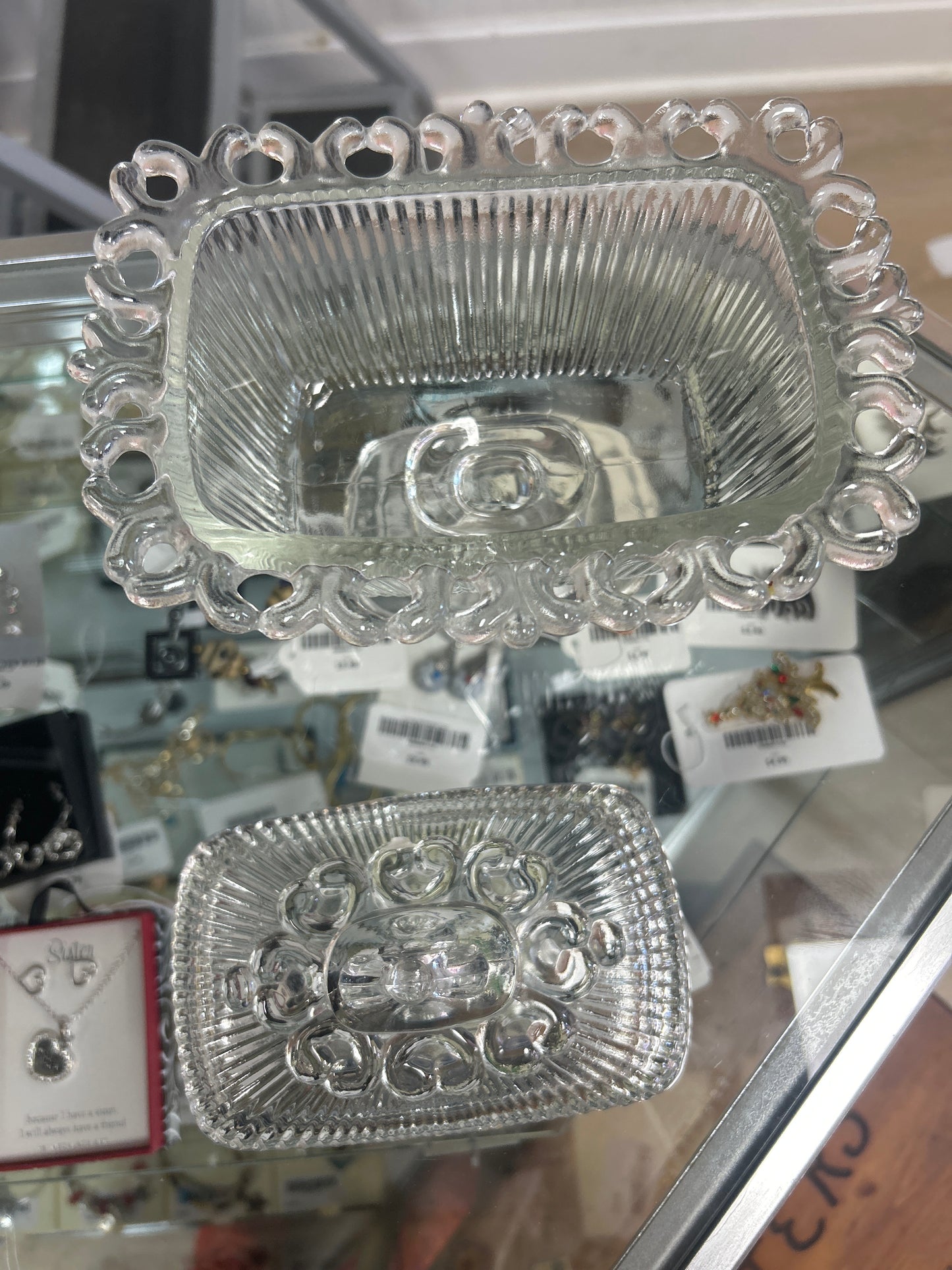 Vintage Indiana Glass Lace Edge Pedestal Covered Candy Dish