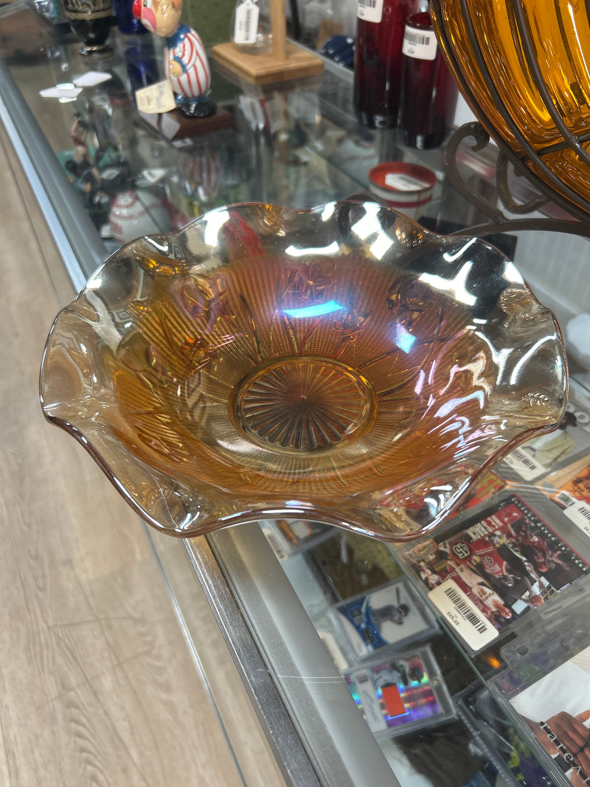 Jeannette Iris Herringbone Carnival Glass Marigold Ruffled Serving Bowl Vintage
