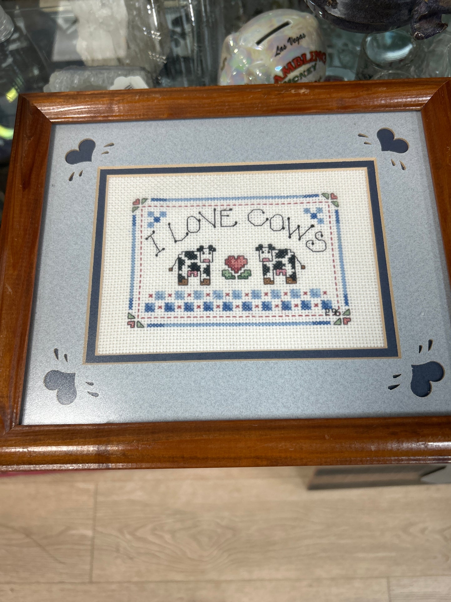 Framed cross-stitch artwork I LOVE COWS