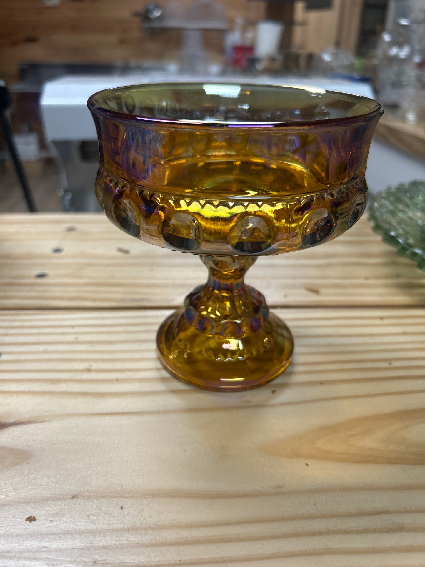 Amber Iridescent Glass Compote Pedestal Dish Vintage Carnival Style Candy Bowl