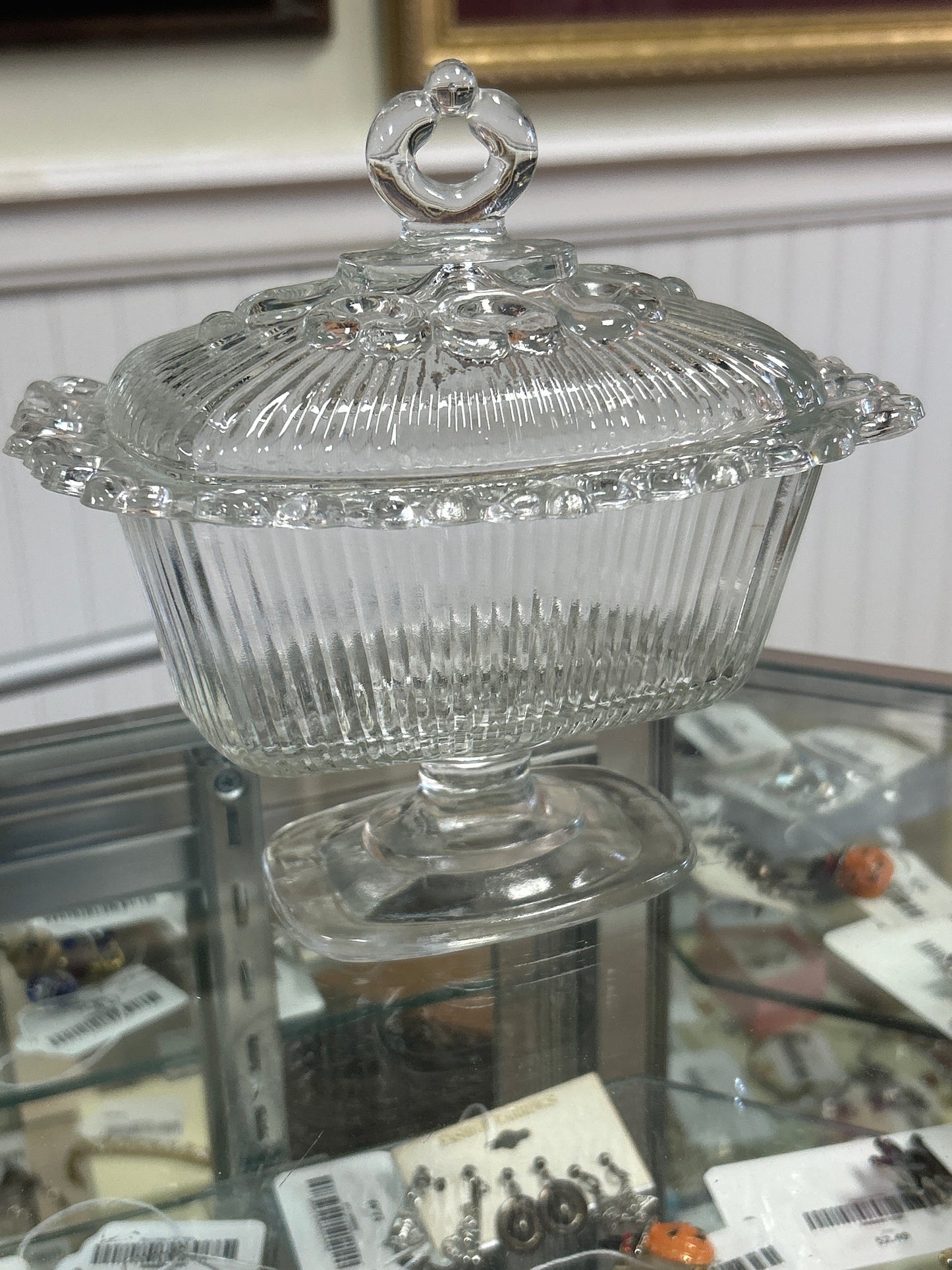 Vintage Indiana Glass Lace Edge Pedestal Covered Candy Dish
