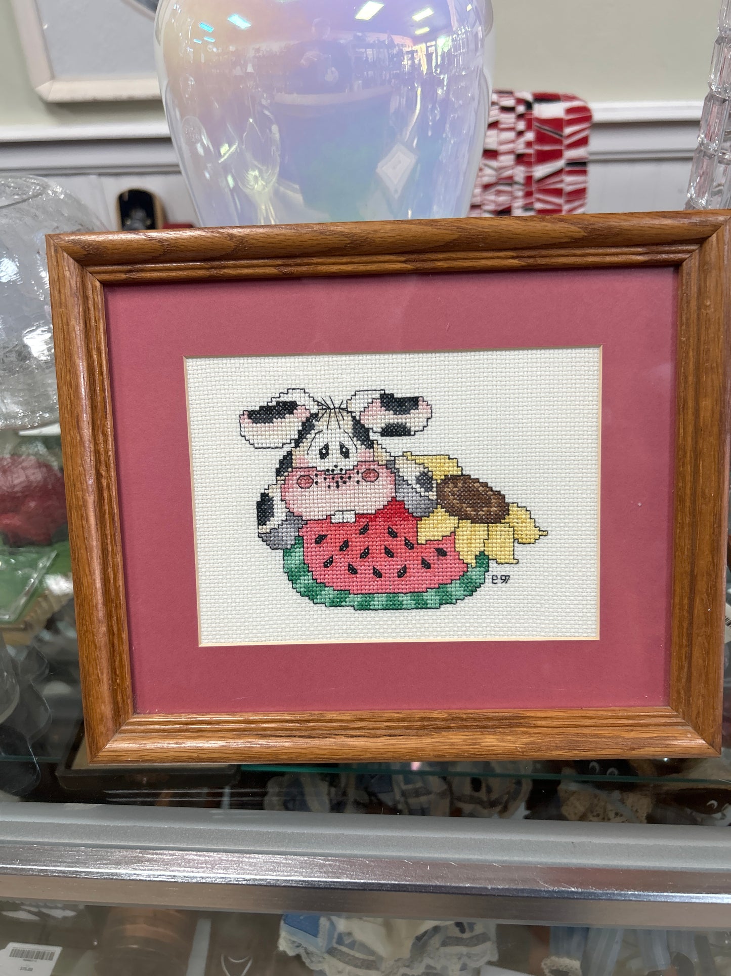 Framed cross-stitch artwork Cow w/ watermelon