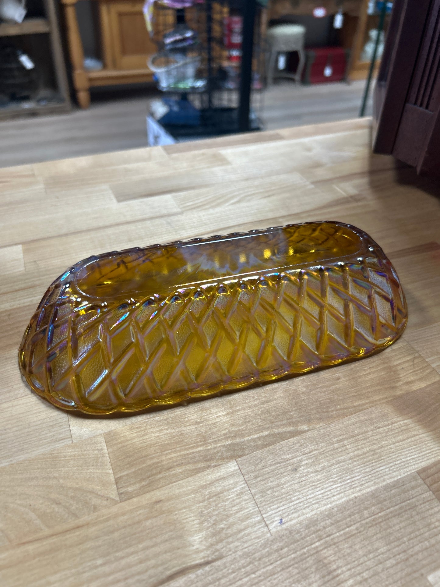 Vintage Amber iridescent carnival glass serving dish 10 1/4” x 5” x 2”