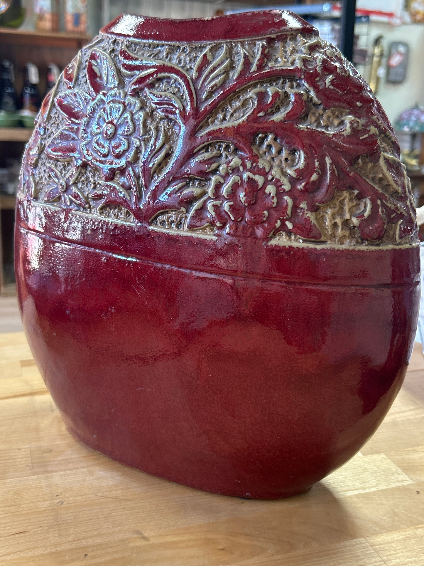 Vintage red beige oval large vase with flowers