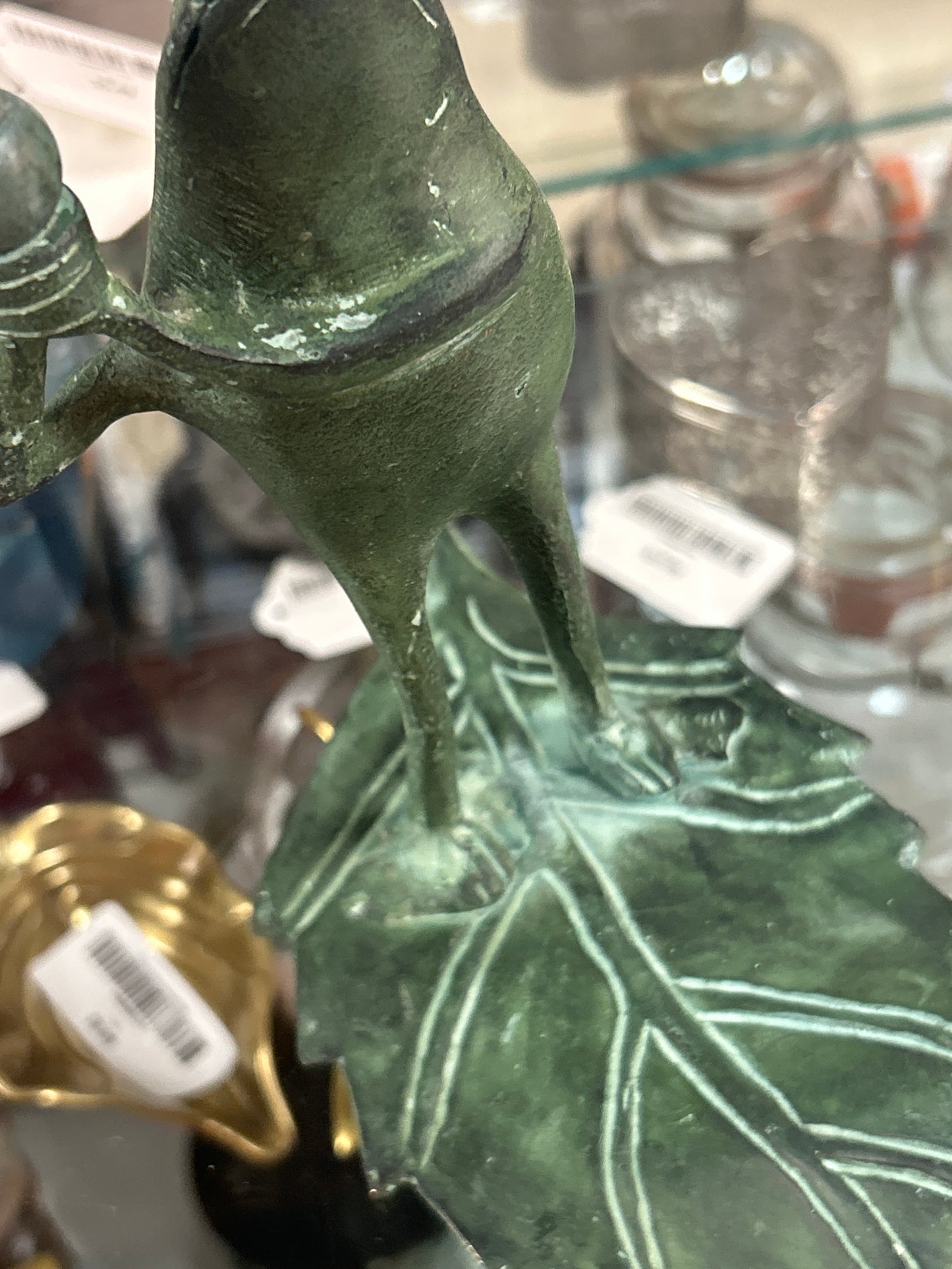 Frog Taper Candle Holder Figurine Brass Heavy Green 11.75”