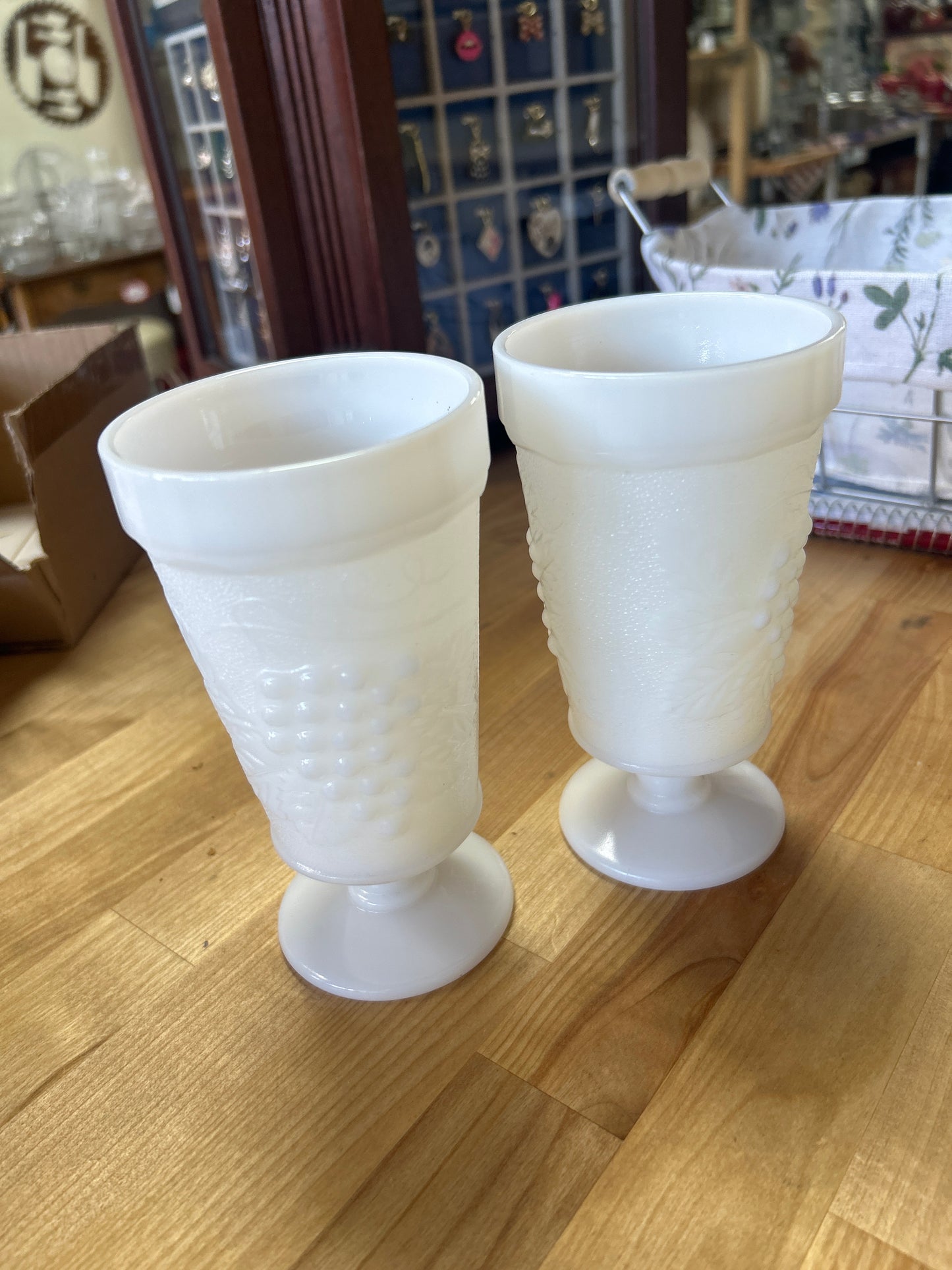 Anchor Hocking Fire King Goblets Vintage Mid Century Milk Glass Goblets with Grape Design, Set of 2