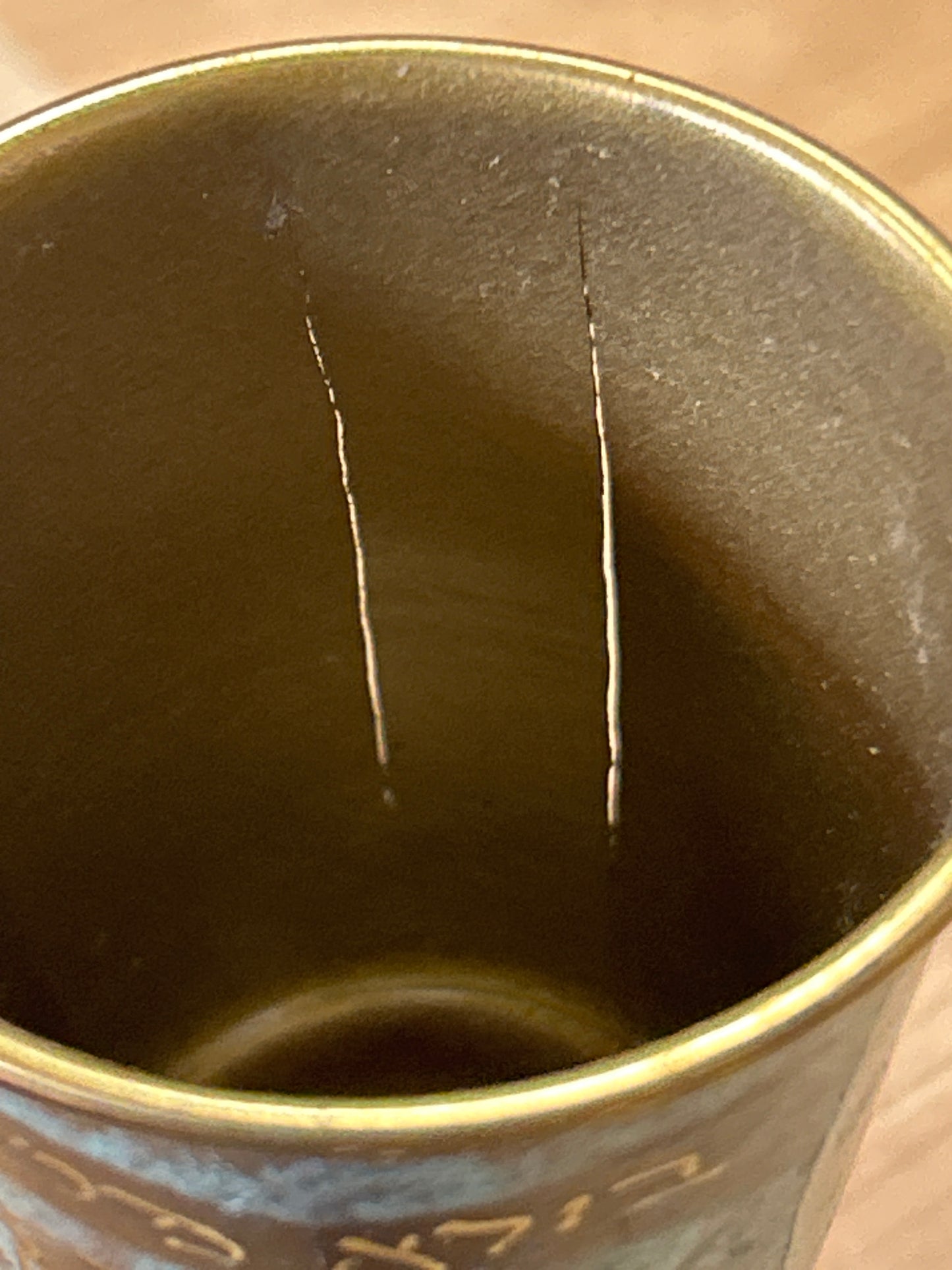 Vintage Israel Hebrew Jewish Cup Kiddush Goblet Teal with Brass (made in Israel) (has tiny cracks, but displays great)
