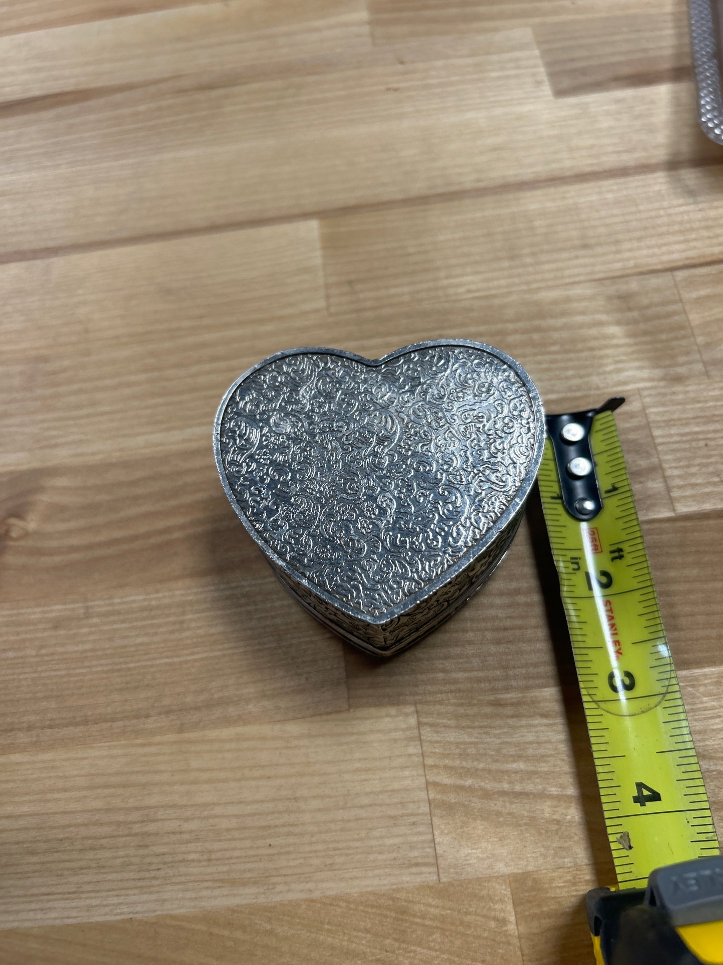 Vintage trinket ornate engraved heart shaped Jewelry Box. Hinged