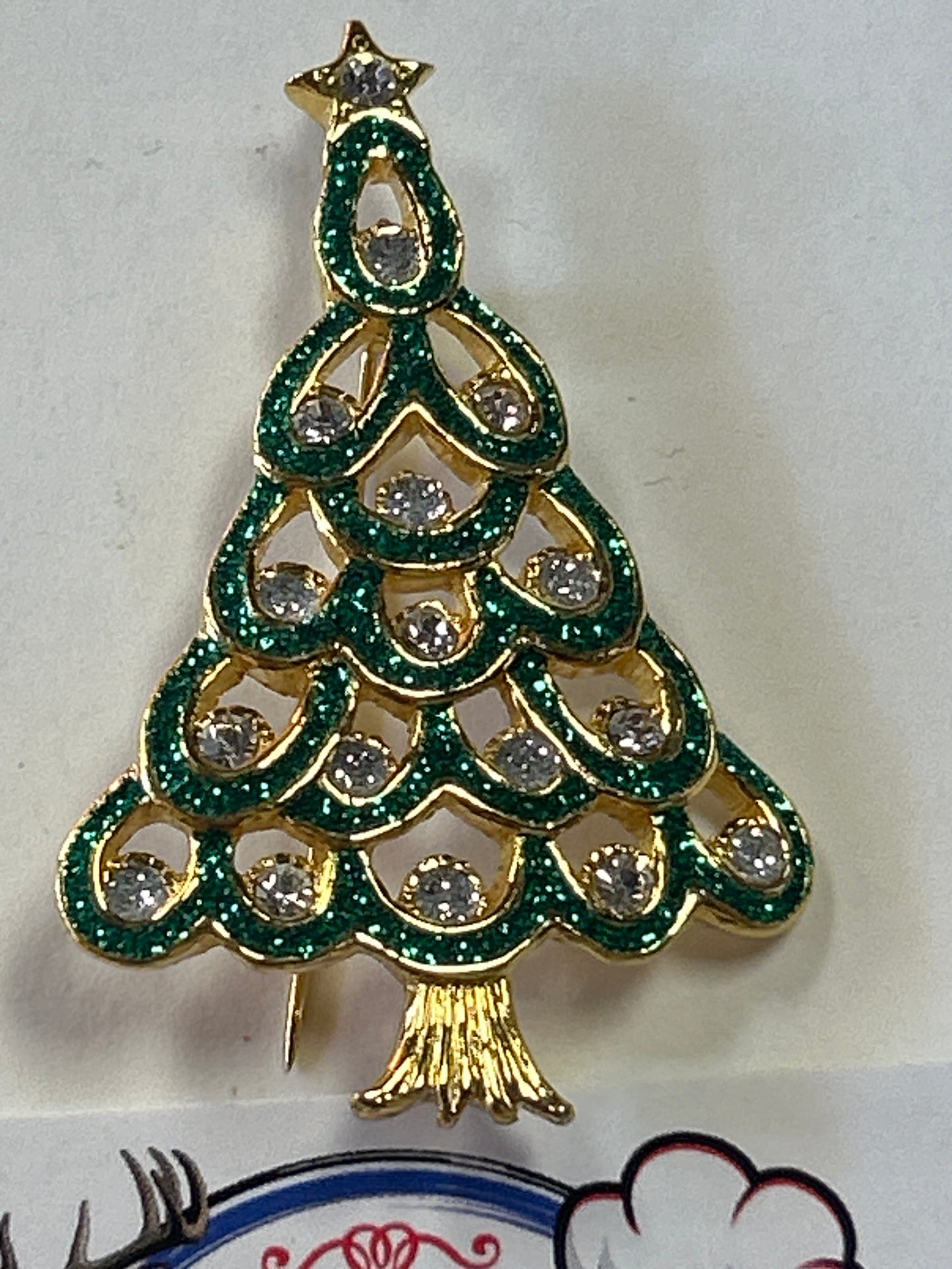 Vintage Gold Green Enamel Christmas Tree Brooch With Rhinestones