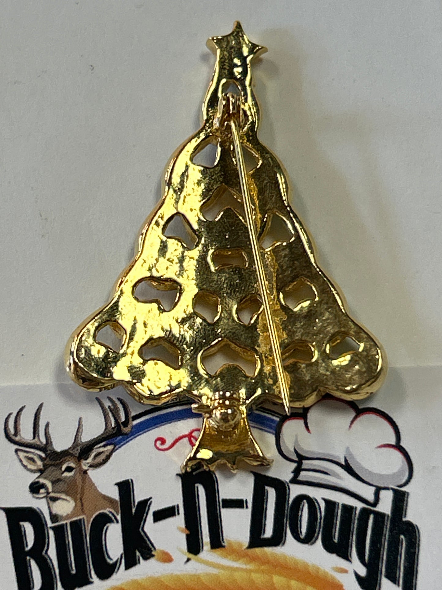 Vintage Gold Green Enamel Christmas Tree Brooch With Rhinestones