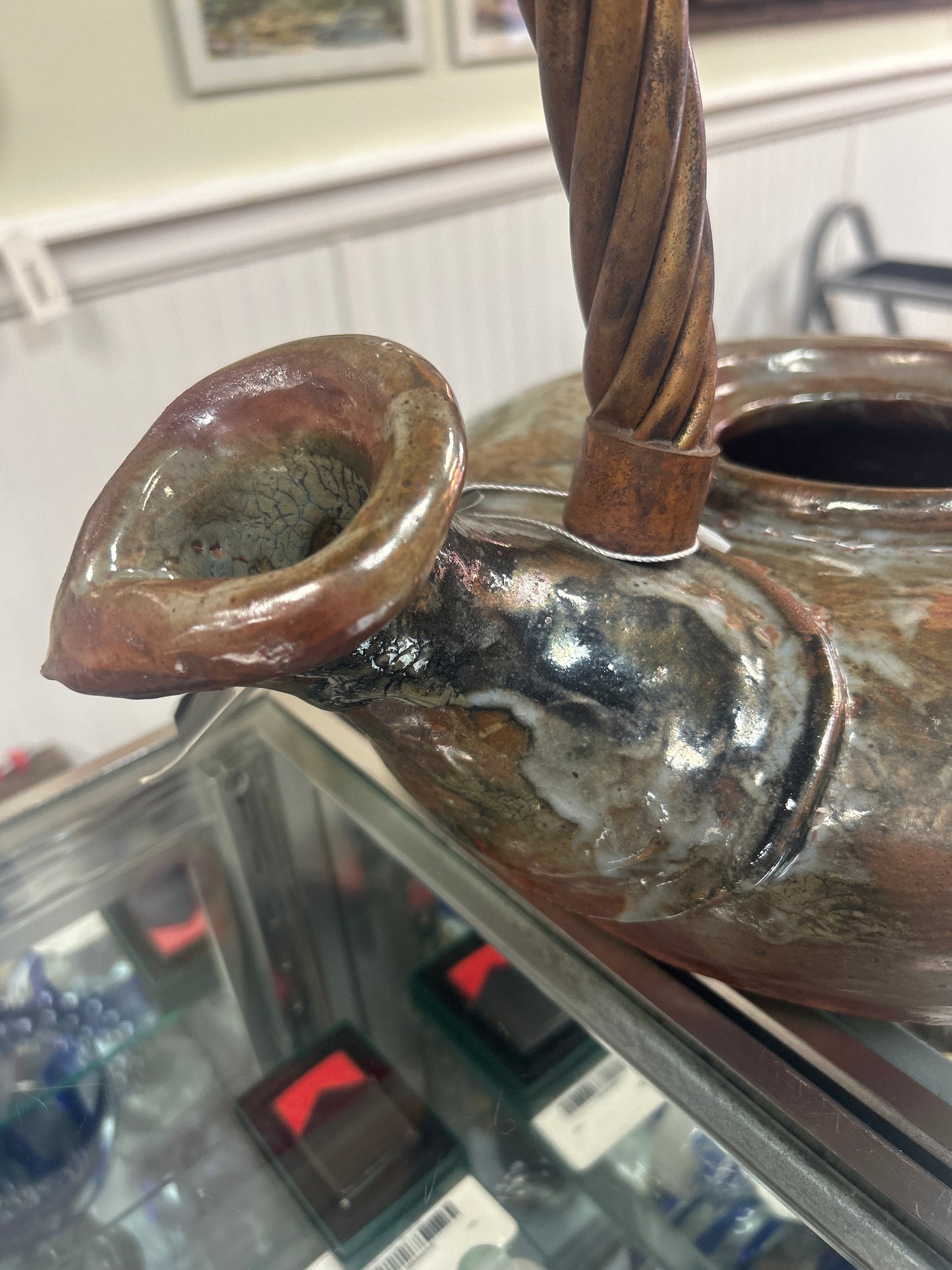 Evan Jones Studios Pottery (this is a show stopper). 20” to top of handle and from spout across 16”. This maybe too nice for our store…it’s heavy and beautifully. Nice piece ever to come through our store.