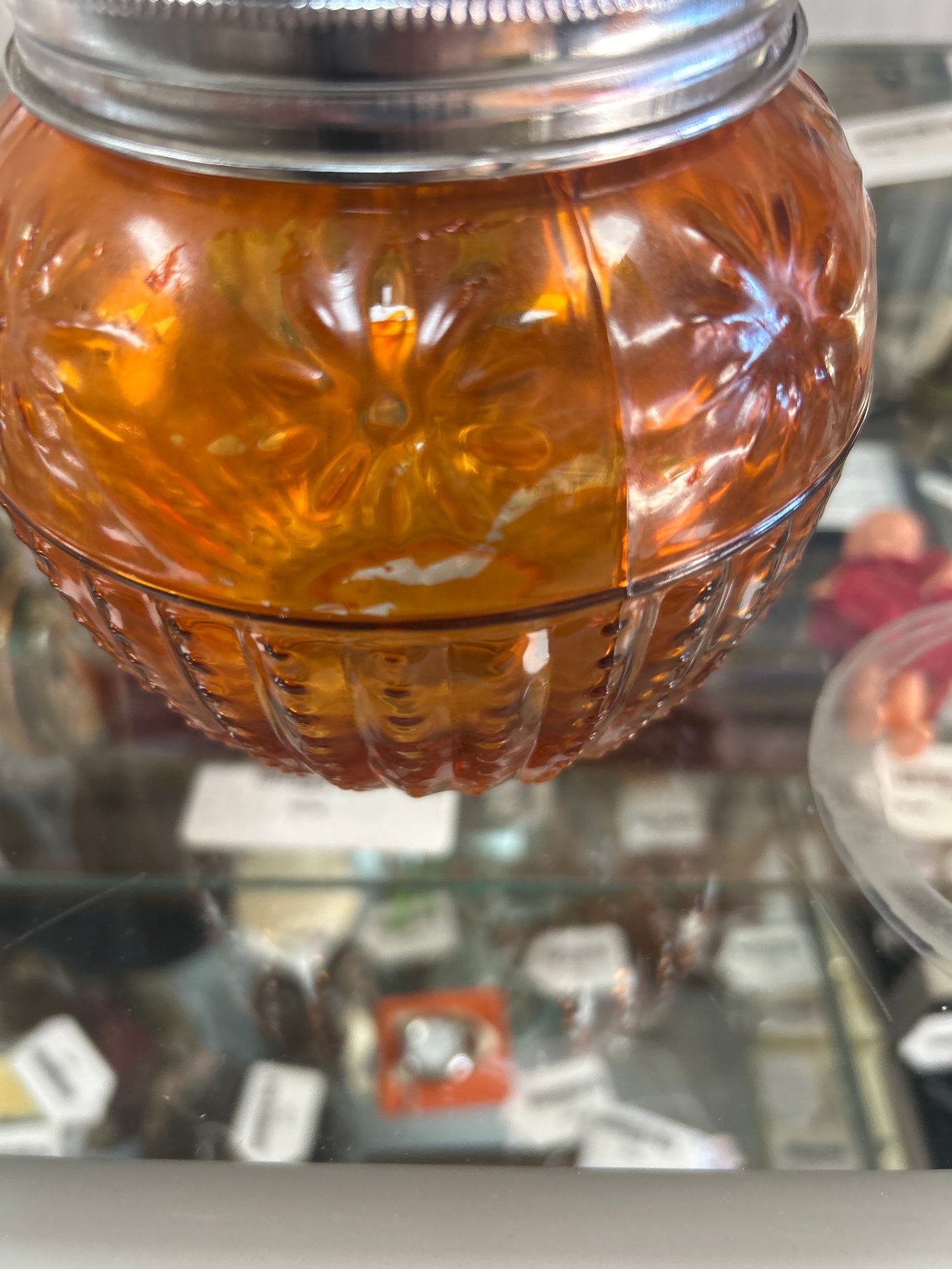 Vintage Amber Pressed Glass Rose Bowl with Wire Frog