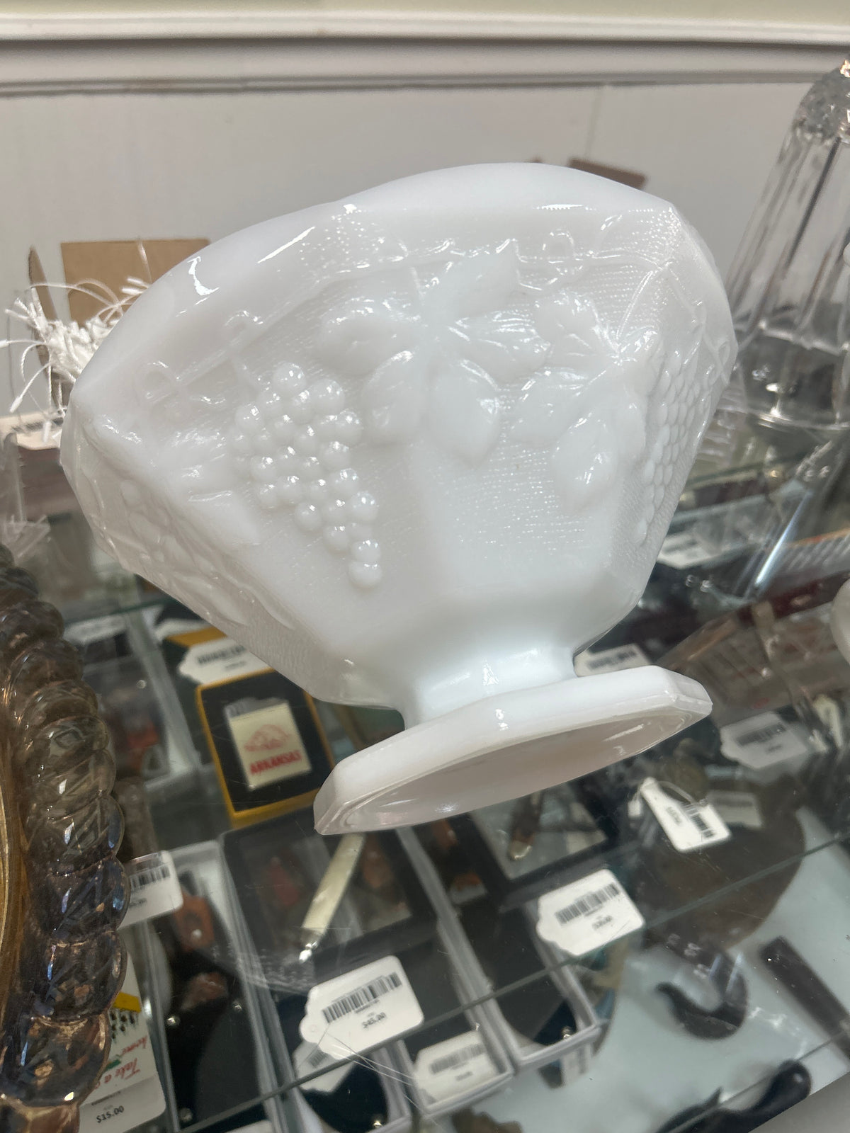 Vintage Anchor Hocking White Milk Glass Grape Pattern Pedestal Fruit Bowl Footed