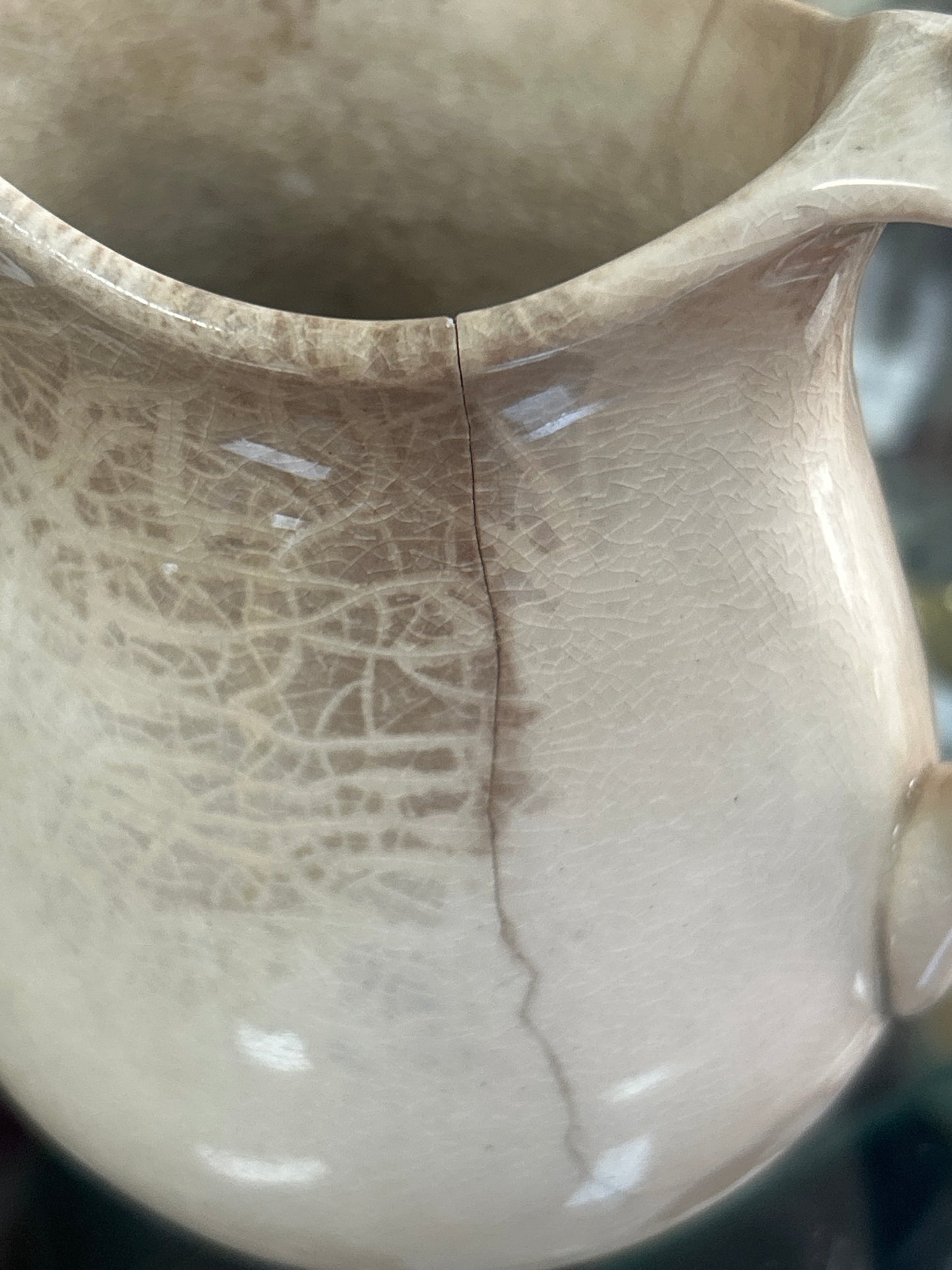 Pretty white ironstone pitcher with great browning and crazing; Goodwin Brothers 5”