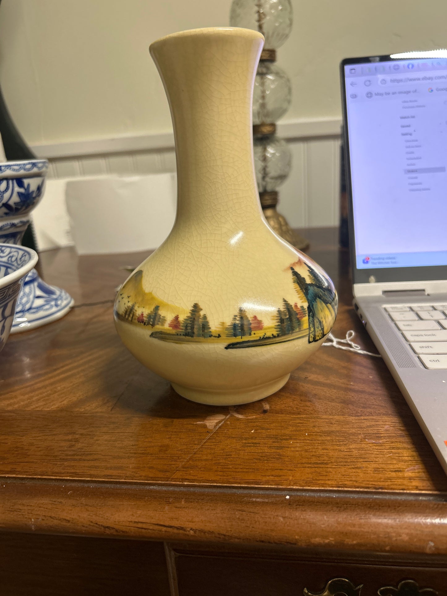 Vintage Taiwan ROC Vase Hand Painted 7 1/2” Tall (beautiful grazing throughout)