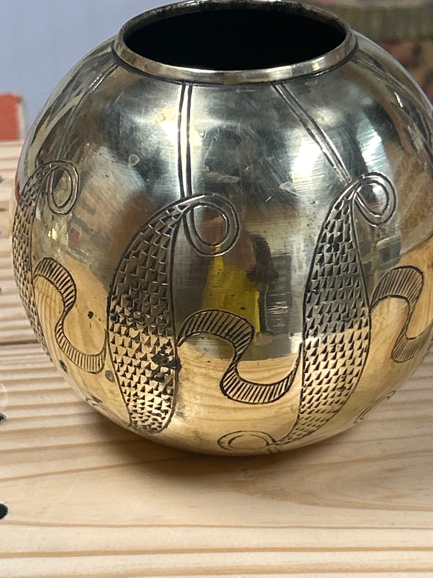 Vintage Small Round Brass Etched Bowl Made in India