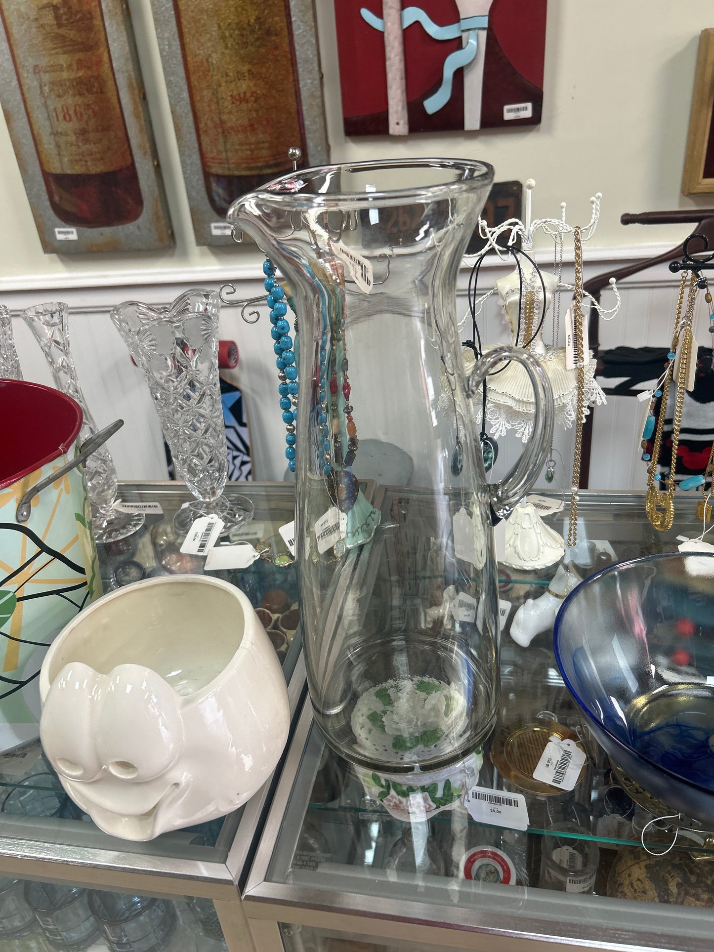Vintage Large Glass 15 1/2” Pitcher With Handle