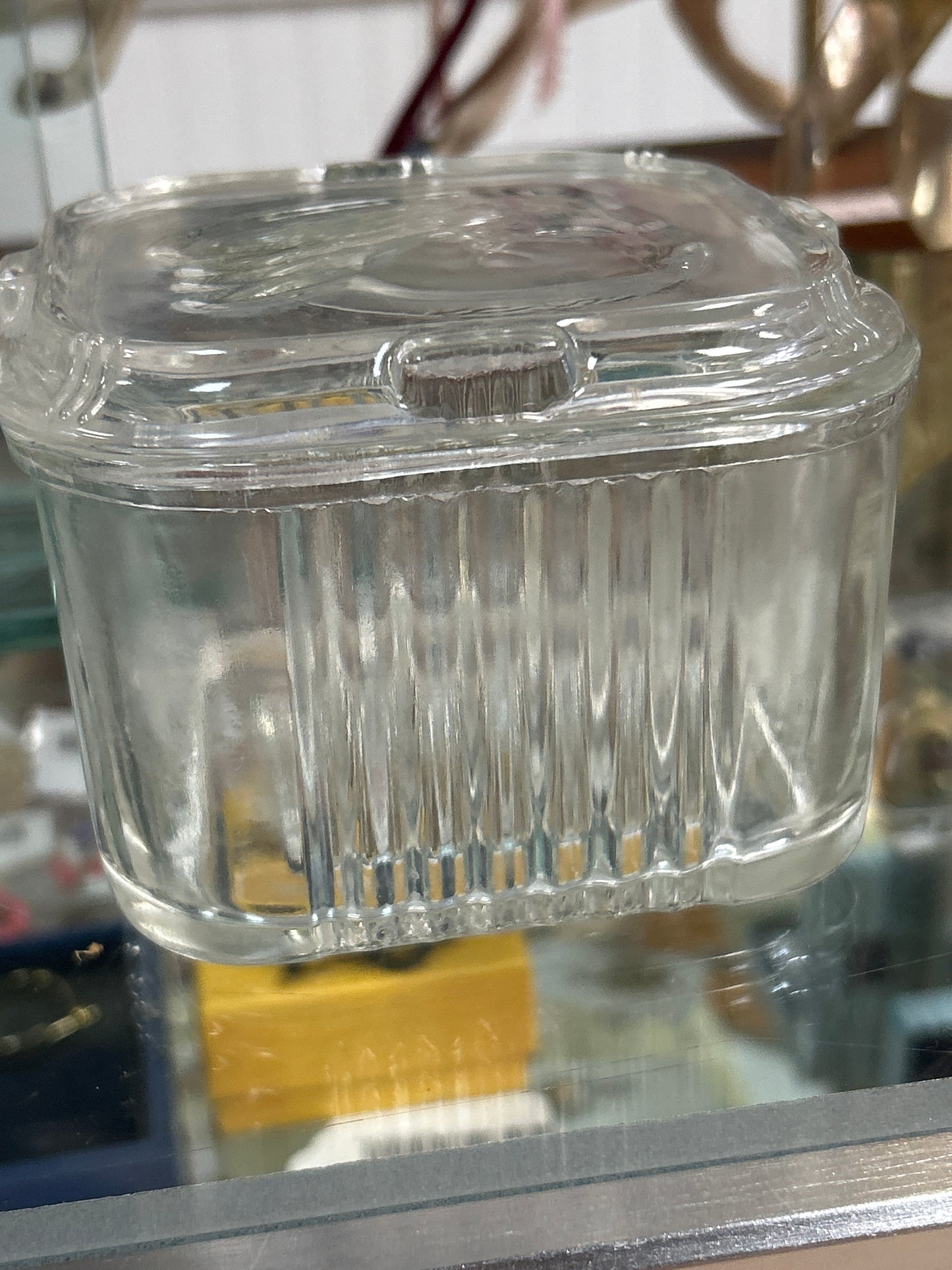 Vintage Federal Clear Glass Refrigerator Dish with Lid Vegetable Pattern