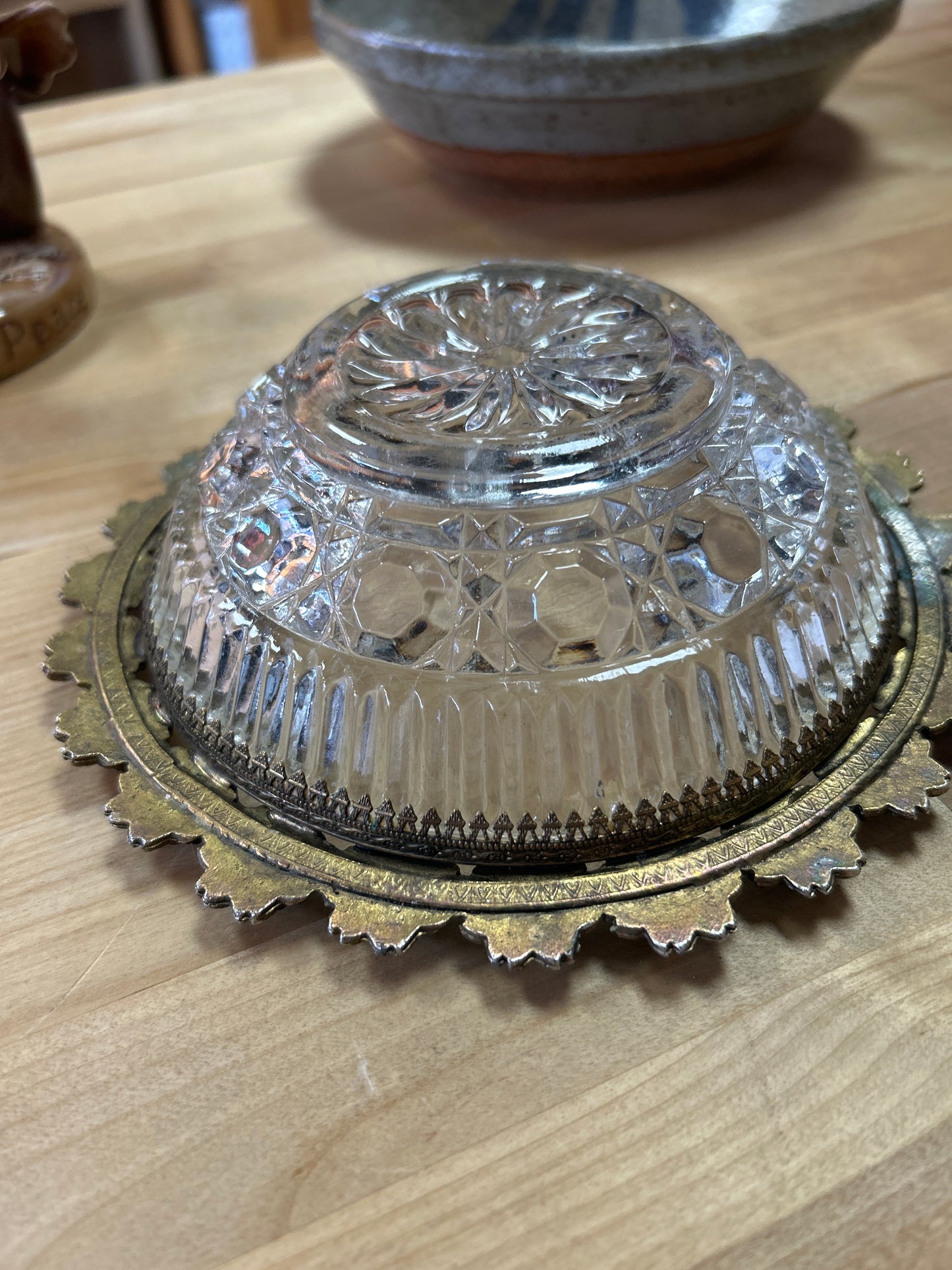 Vintage glass bowl metal flowers lip