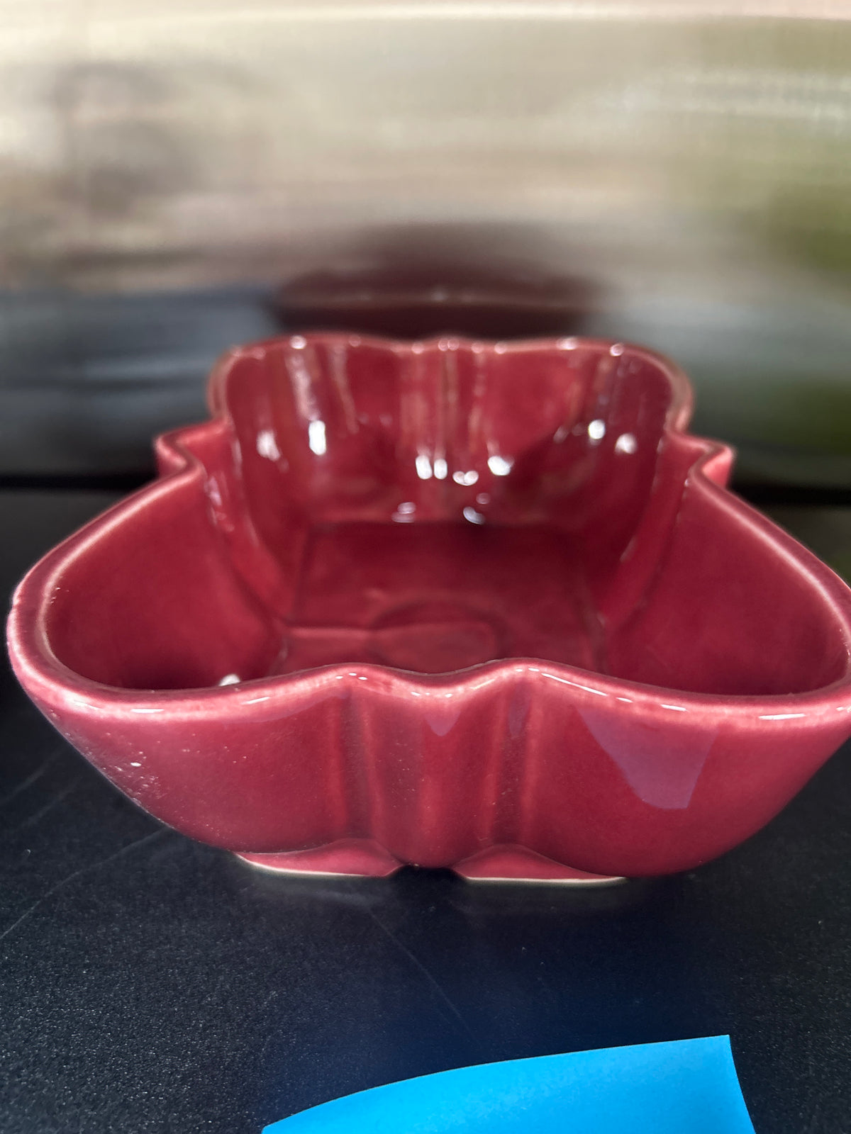 Vintage maroon ceramic planter, possibly by Princess House or a US pottery maker, featuring a unique scalloped, six-petal design