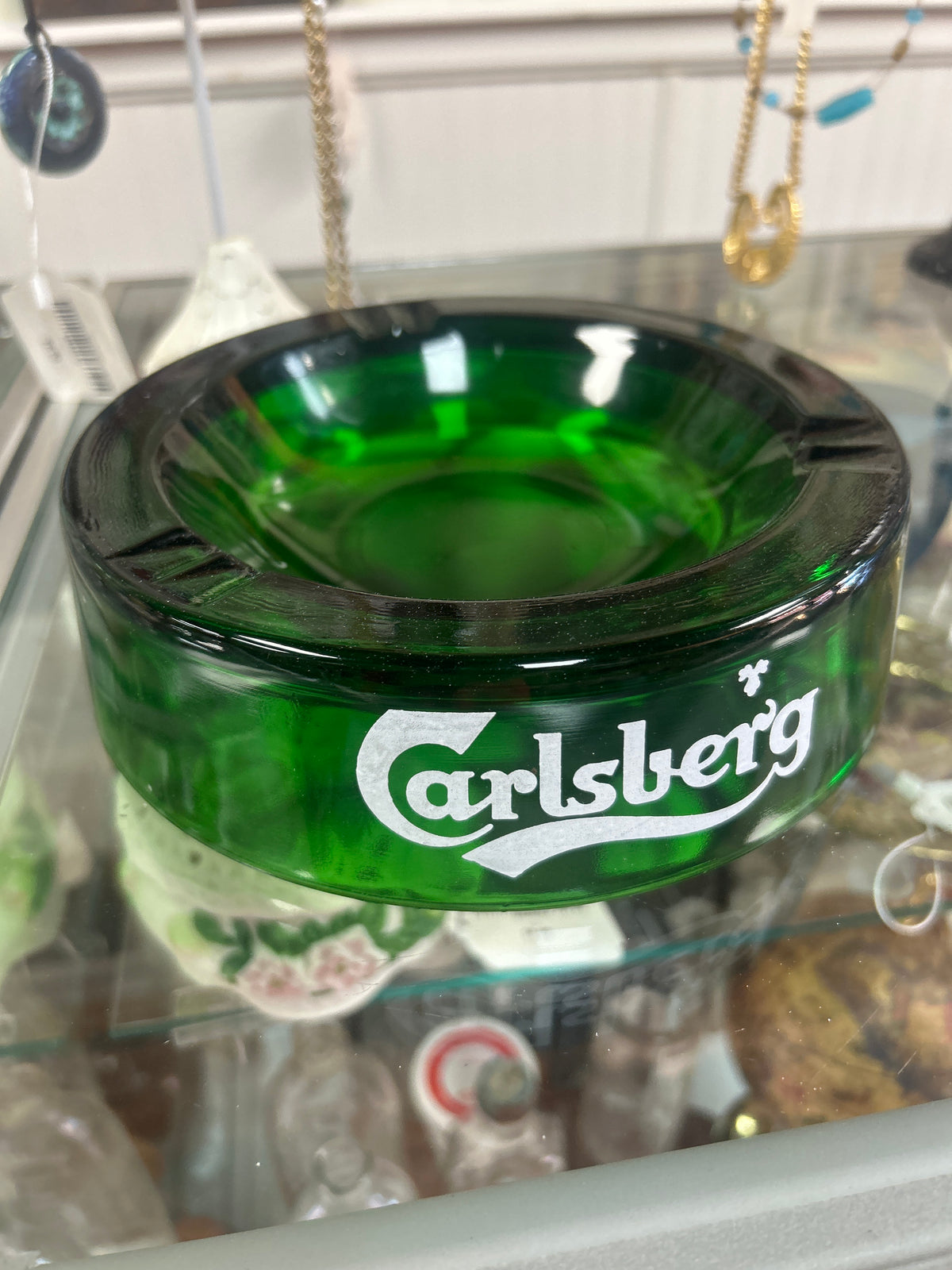 Vintage Glass Advertising Ashtray, Carlsberg Beer, Green Glass, Retro Barware