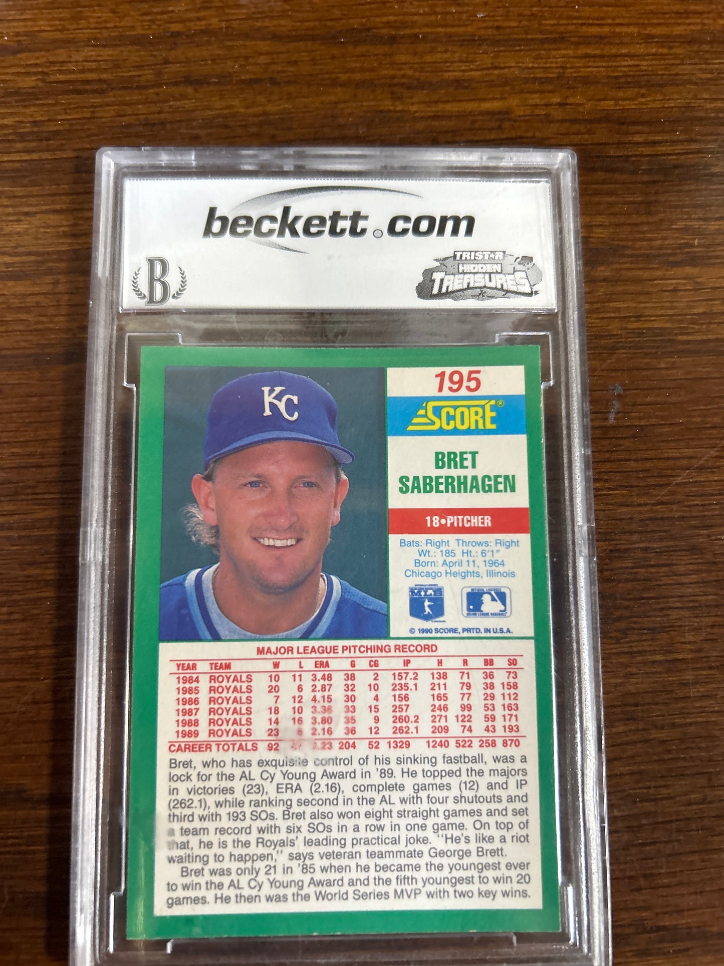 1990 Score - Joke on Back #195A Bret Saberhagen GRADED 10 CASE SCUFFED