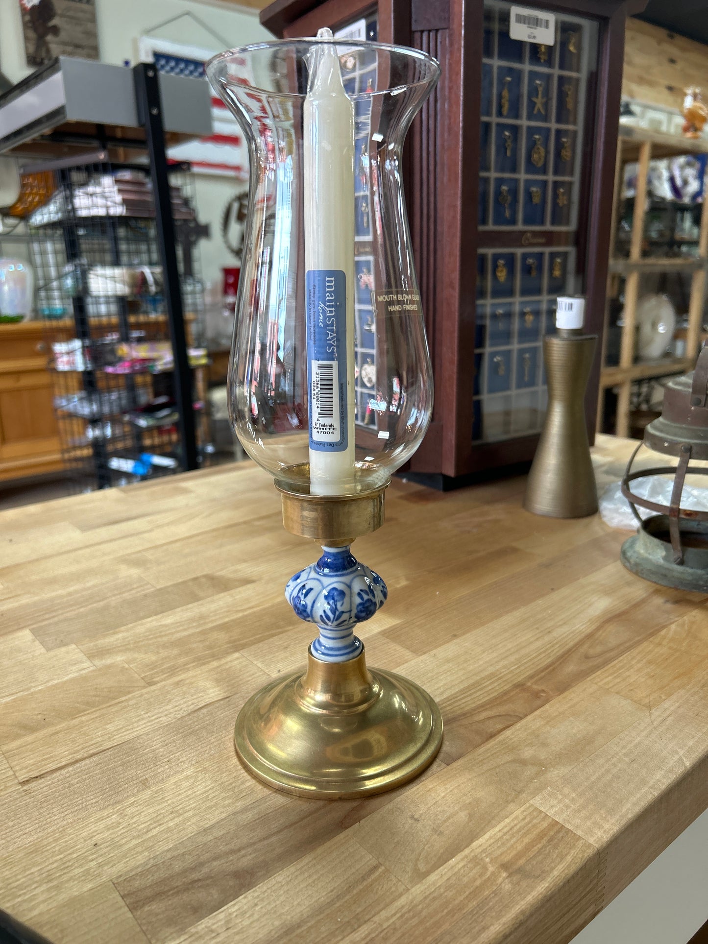 Vintage Hurricane Lamp Solid Brass and blown glass w/blue and white flower motif
