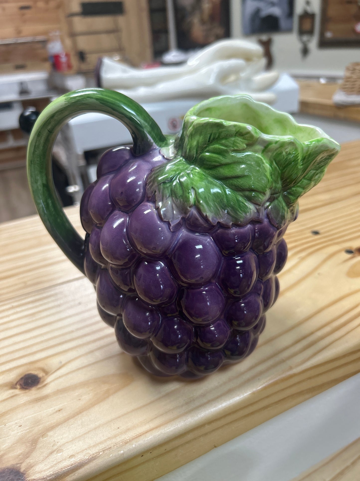 Vintage Ceramic Grape Shaped Pitcher with Vine Leaf Handle