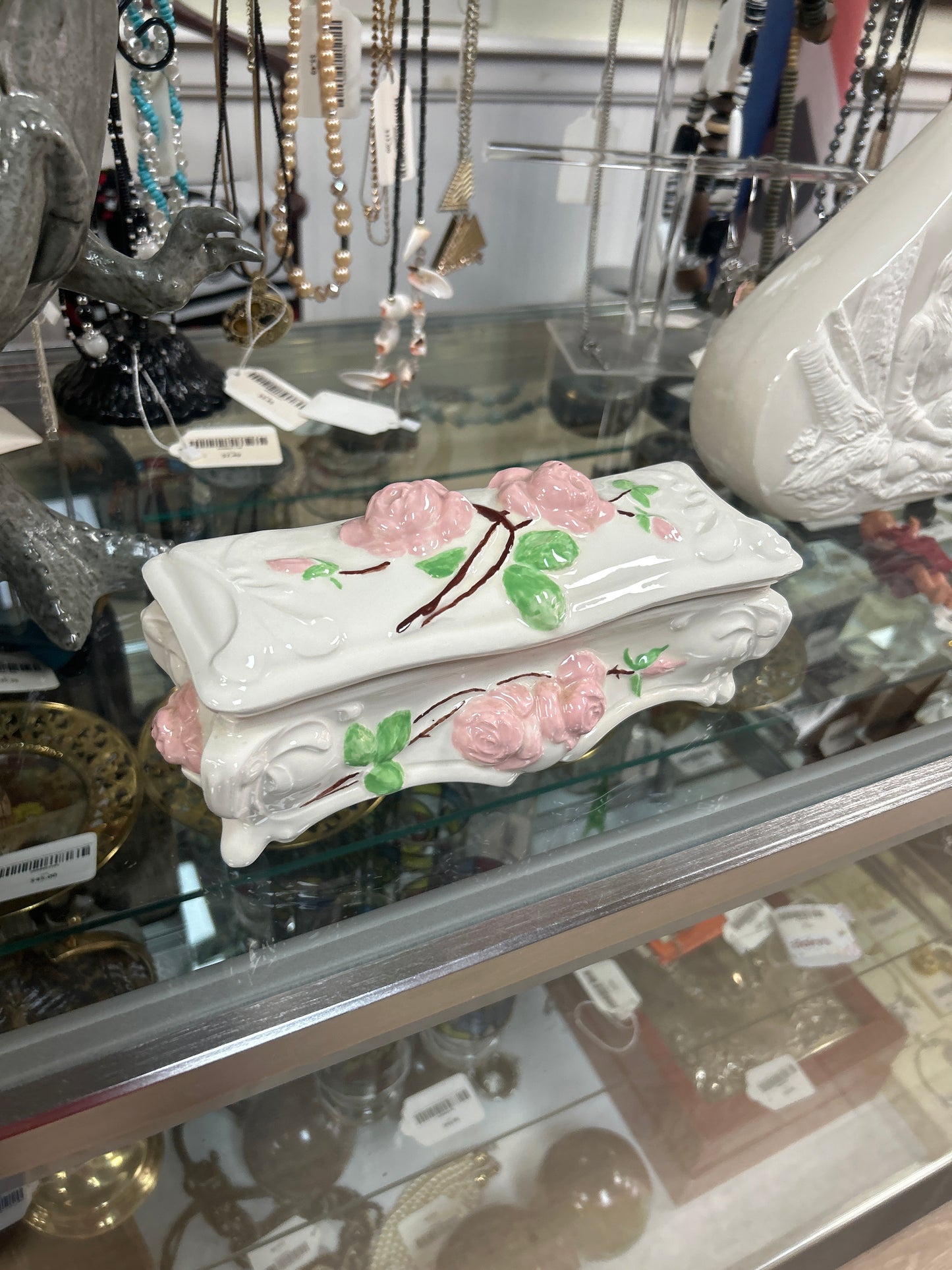 Victorian Floral Vanity Trinket Boxes Rectangular Antique Vintage Ceramic