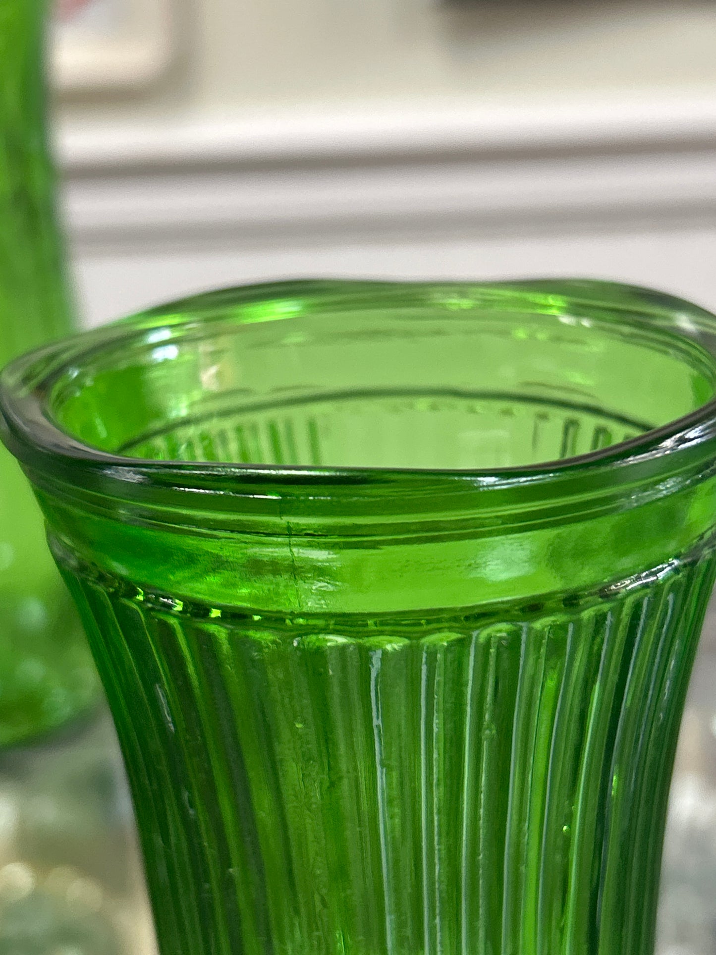 Vintage Emerald Green Glass Vase, CFG CL 3 2 Vase, 6 1/2 Inch Vase, Ribbed Vase, Scalloped Edge, Pineapple Panel, Starburst Panels.