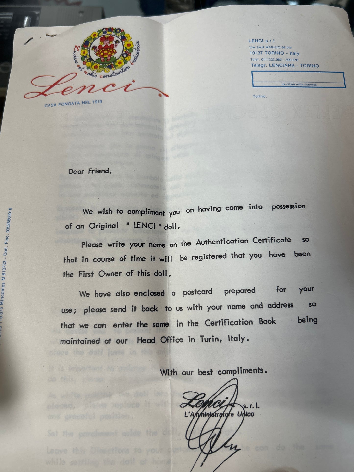 Vintage Lenci Doll w/ Documents