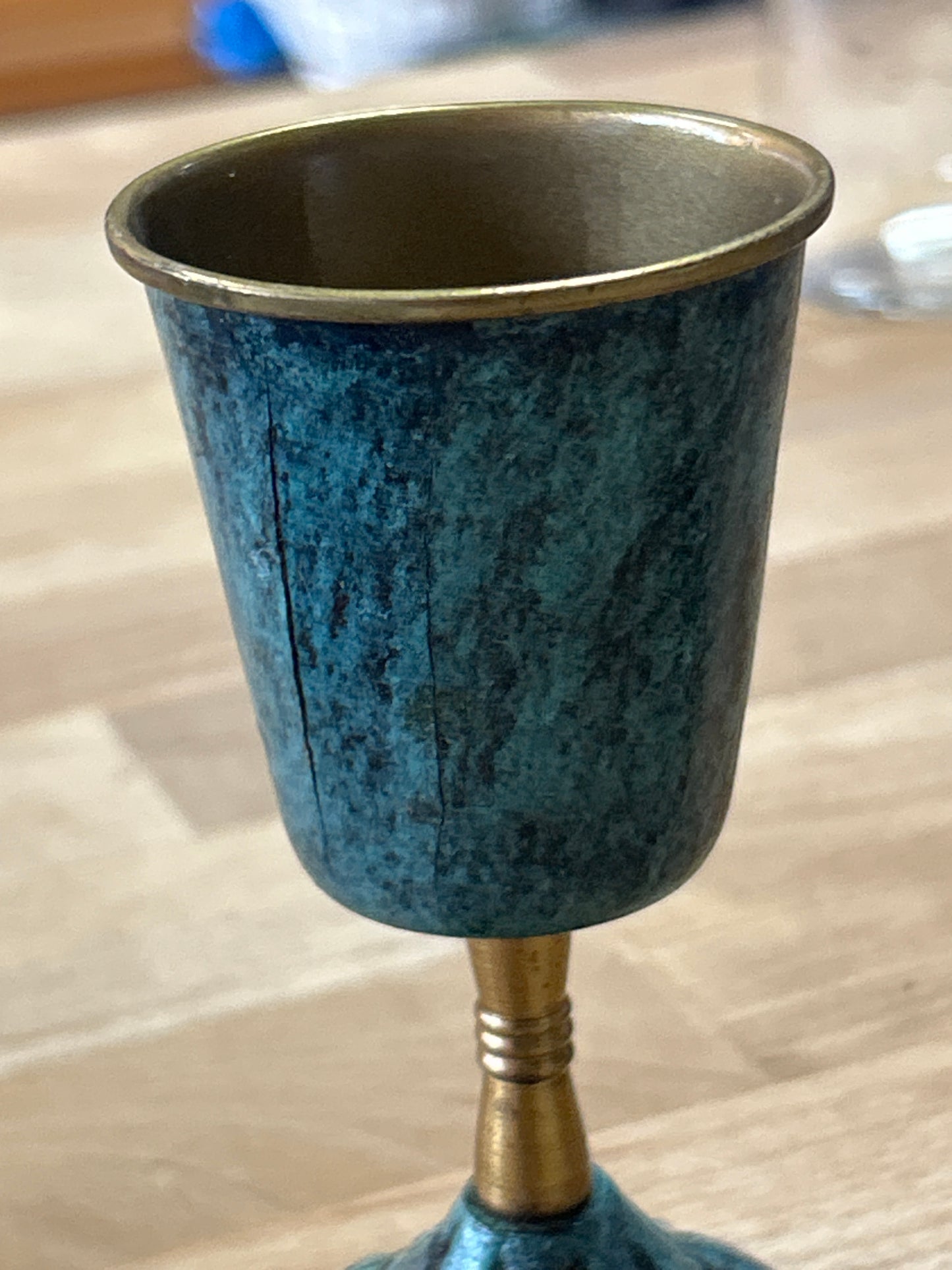 Vintage Israel Hebrew Jewish Cup Kiddush Goblet Teal with Brass (made in Israel) (has tiny cracks, but displays great)