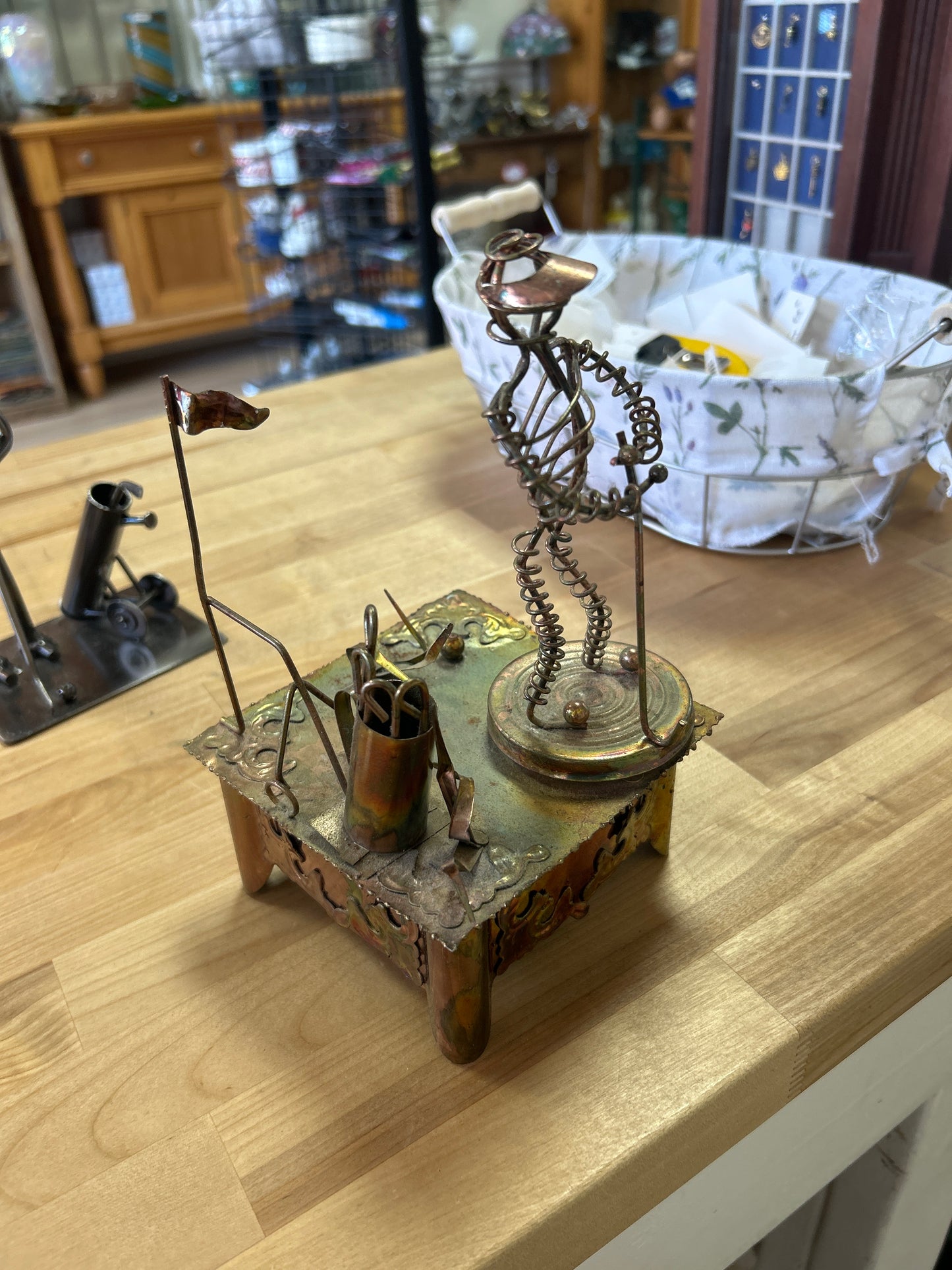 Vintage Copper Wind Up Golf Music Box plays In The Good Old Summer Golfer Spins