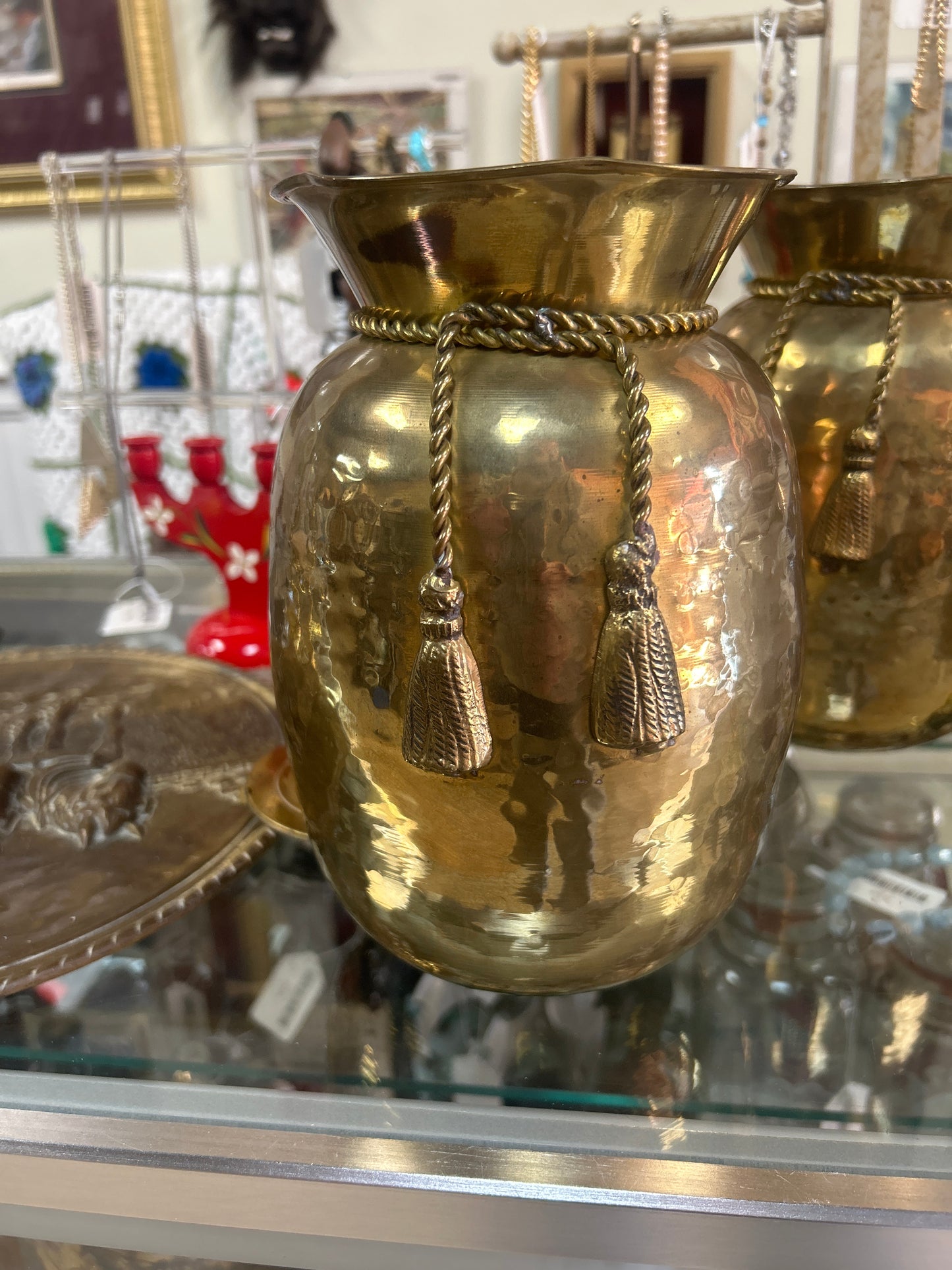 Brass Hammered Urn / Vase Rope Tassel Design