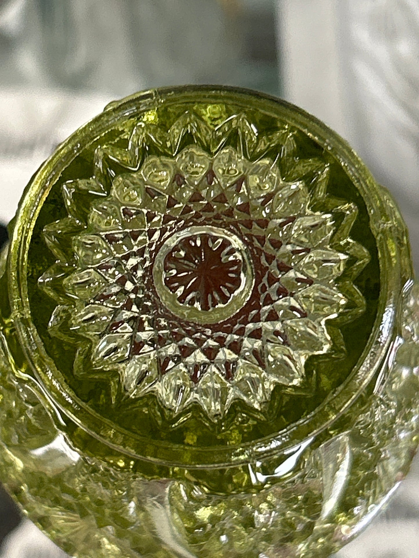Vintage Imperial Glass Avocado Green Daisy & Button Toothpick Holder