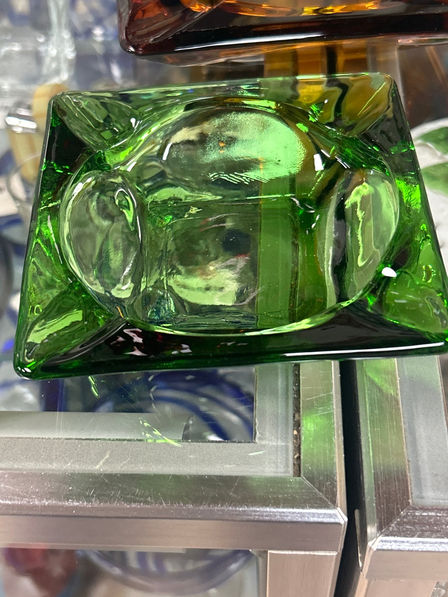 Vintage Ashtray Emerald Green 4.5” Square Glass Slot Anchor Hocking MCM