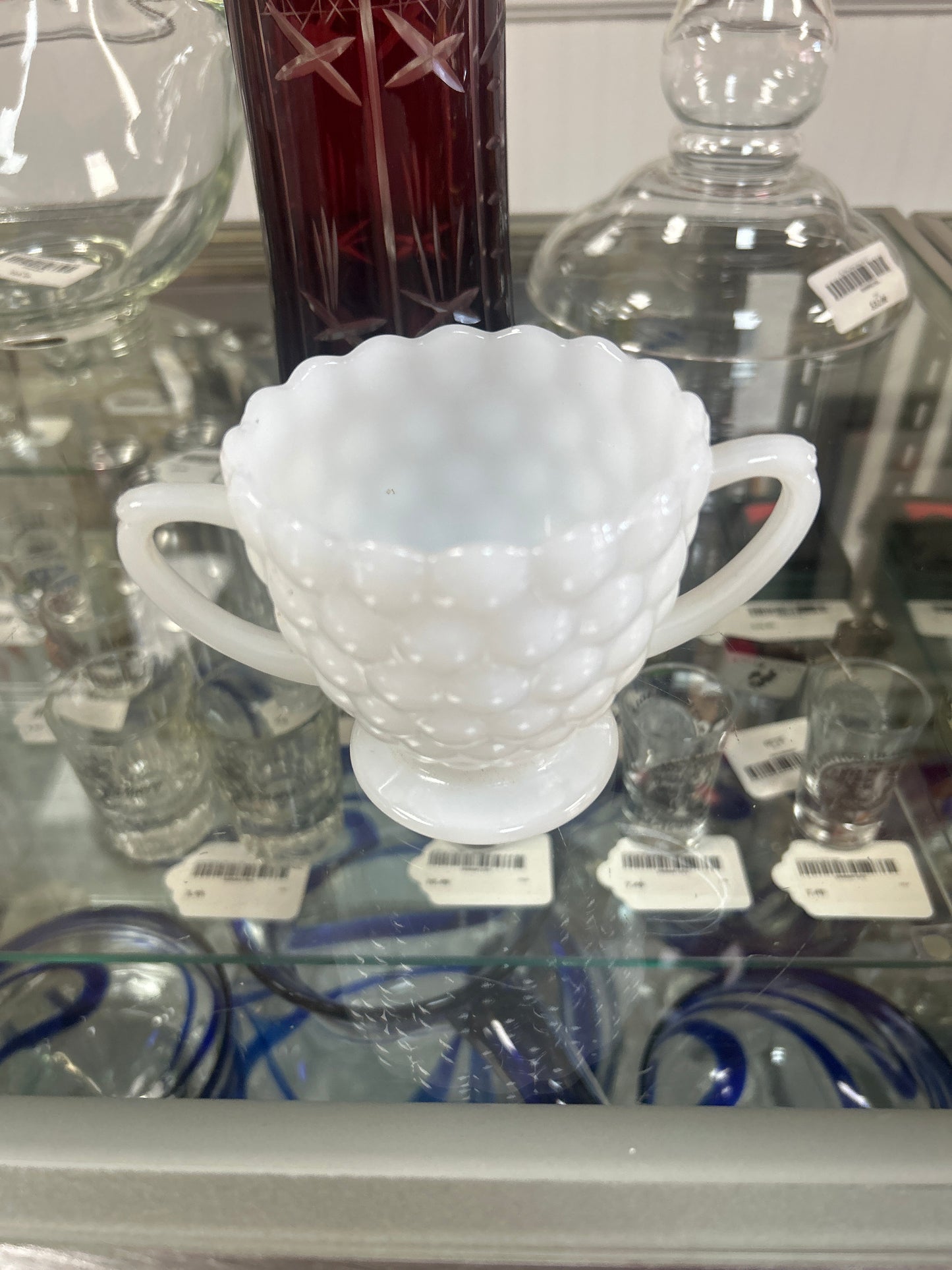 Vintage Milk Glass Bubble Pattern Open Sugar Bowl Double Handle Anchor Hocking