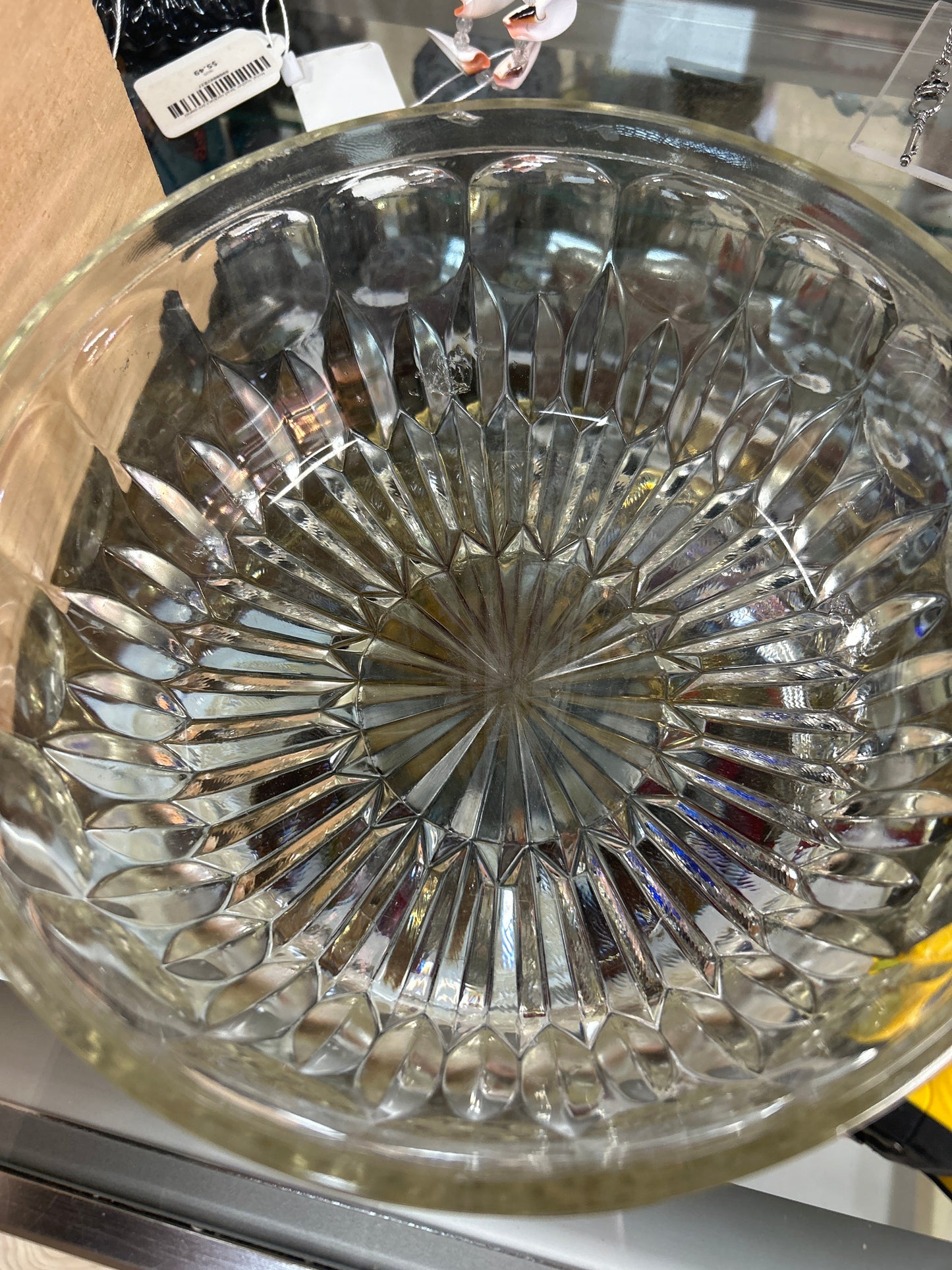 Vintage Leonard Crystal Mid-Century Modern clear crystal glass serving bowl with thumbprint and teardrop design, starburst on bottom center