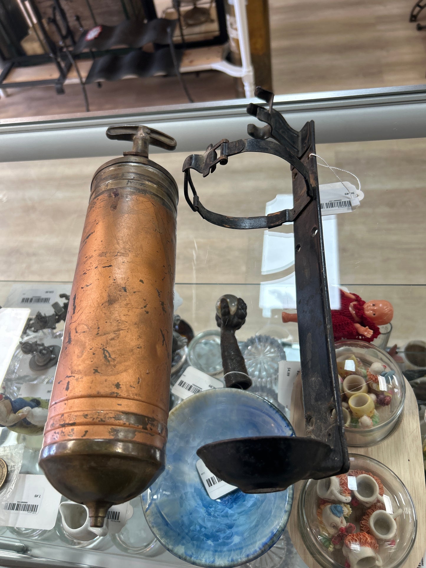 Vintage pump fire extinguisher w/ original wall mount