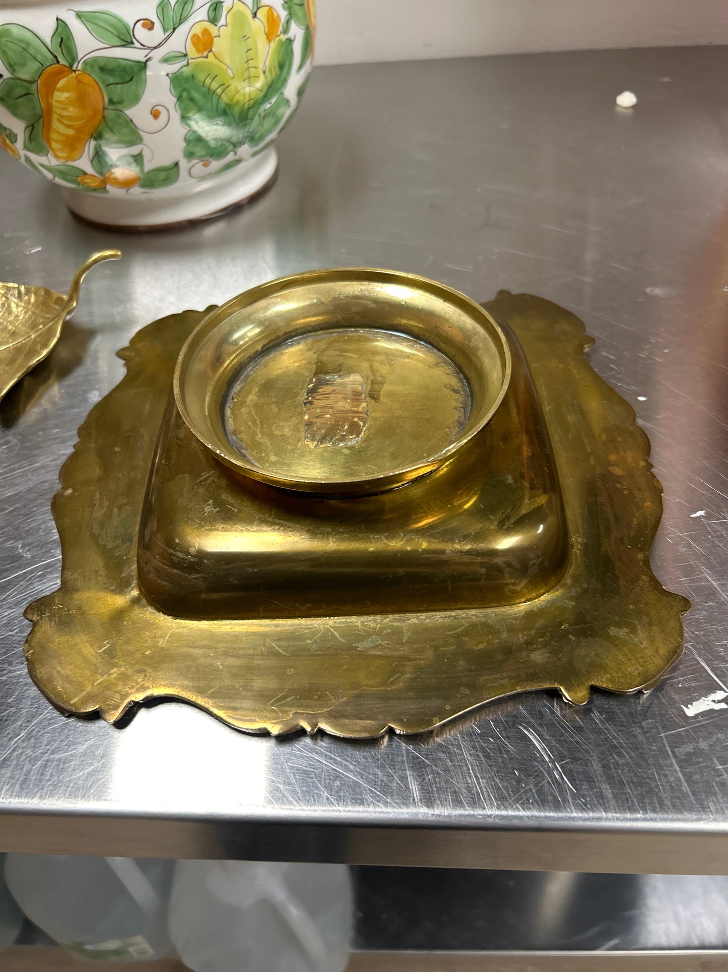 Vintage Large Brass Footed Ashtray Table Ornate 9-3/4" Cigar