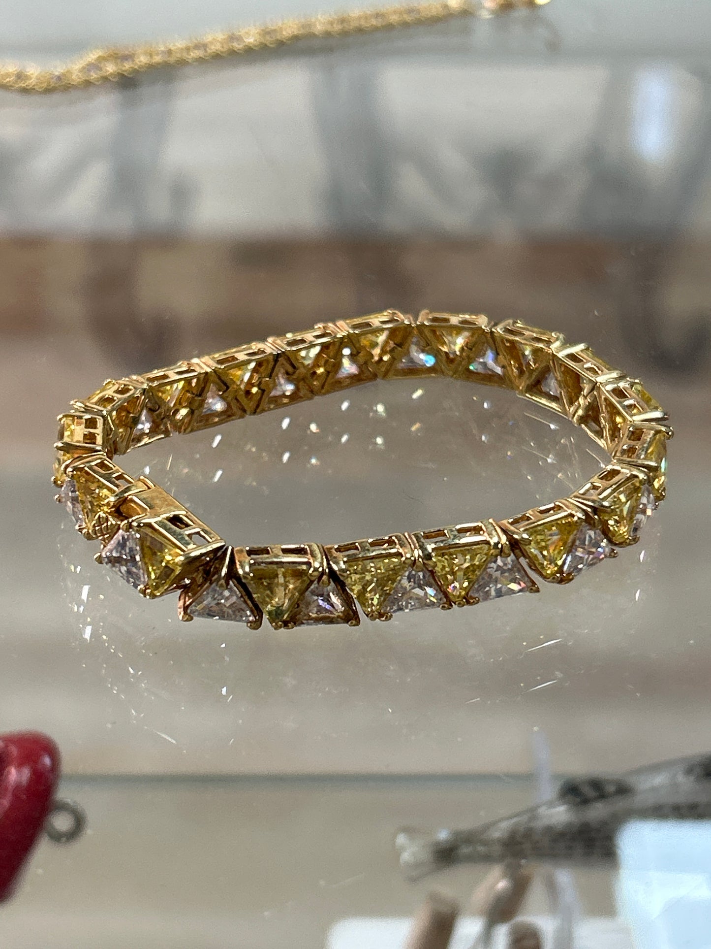 Amazing UTC Thailand Vermeil Sterling Silver Trillion Cut Bright Yellow & White CZ Tennis Bracelet.